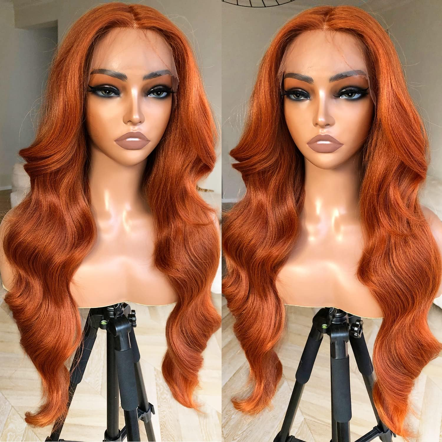 Blackswern Ginger Wig Ginger Orange Body Wave Lace Front Wig, Glueless Lace Wig, Pre-Plucked Pre-Layered Body Wave Wig with Curtain Bangs for Black Women, 24 image number 5