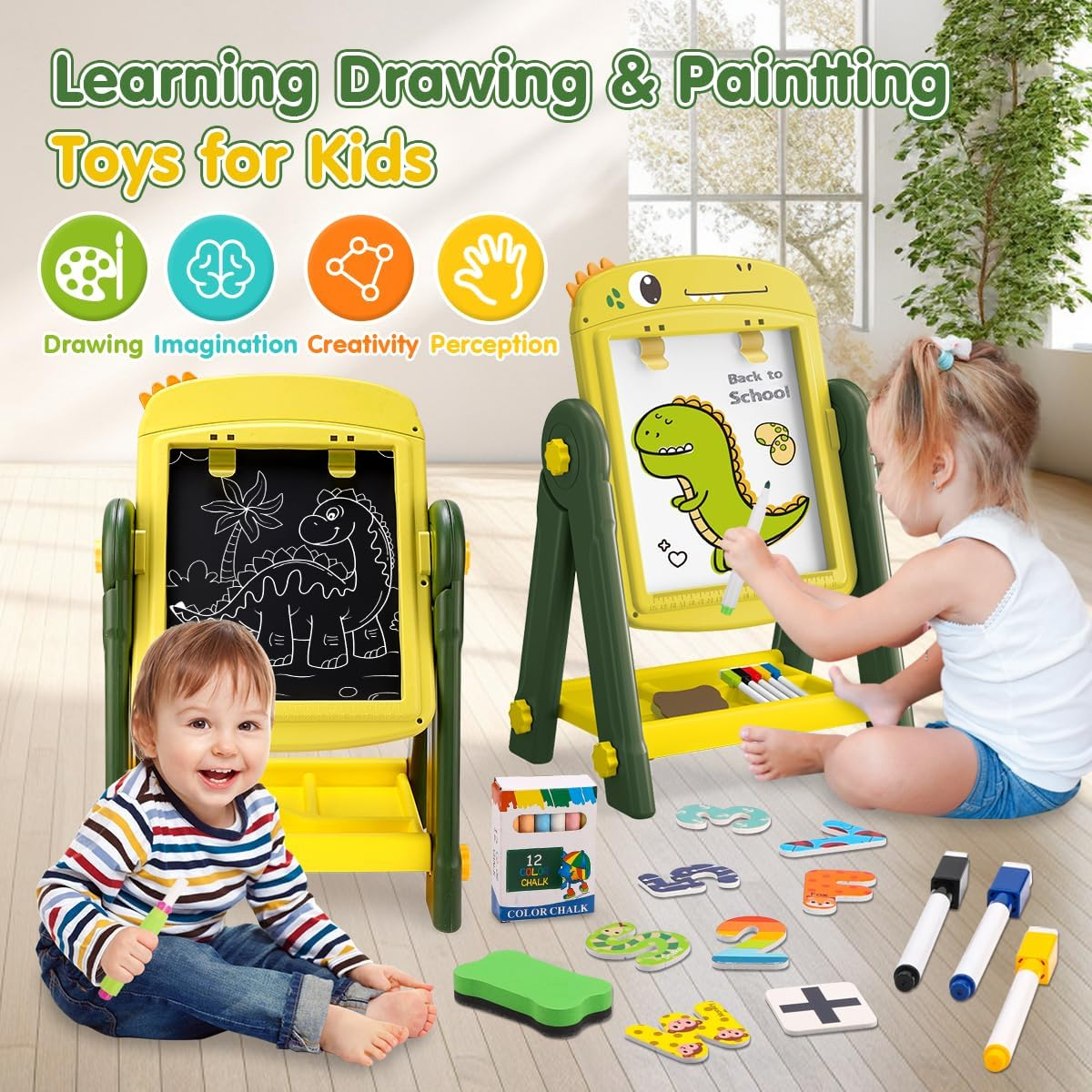 Qizebaby Kid Easel，4 in 1 Rotatable Double Sided for Kids，Adjustable Standing Toddler Toy with Magnetic & Chalk ，Dinosaur Toy for Baby 3 4 5 6 Years Old Boys & Girls image number 5