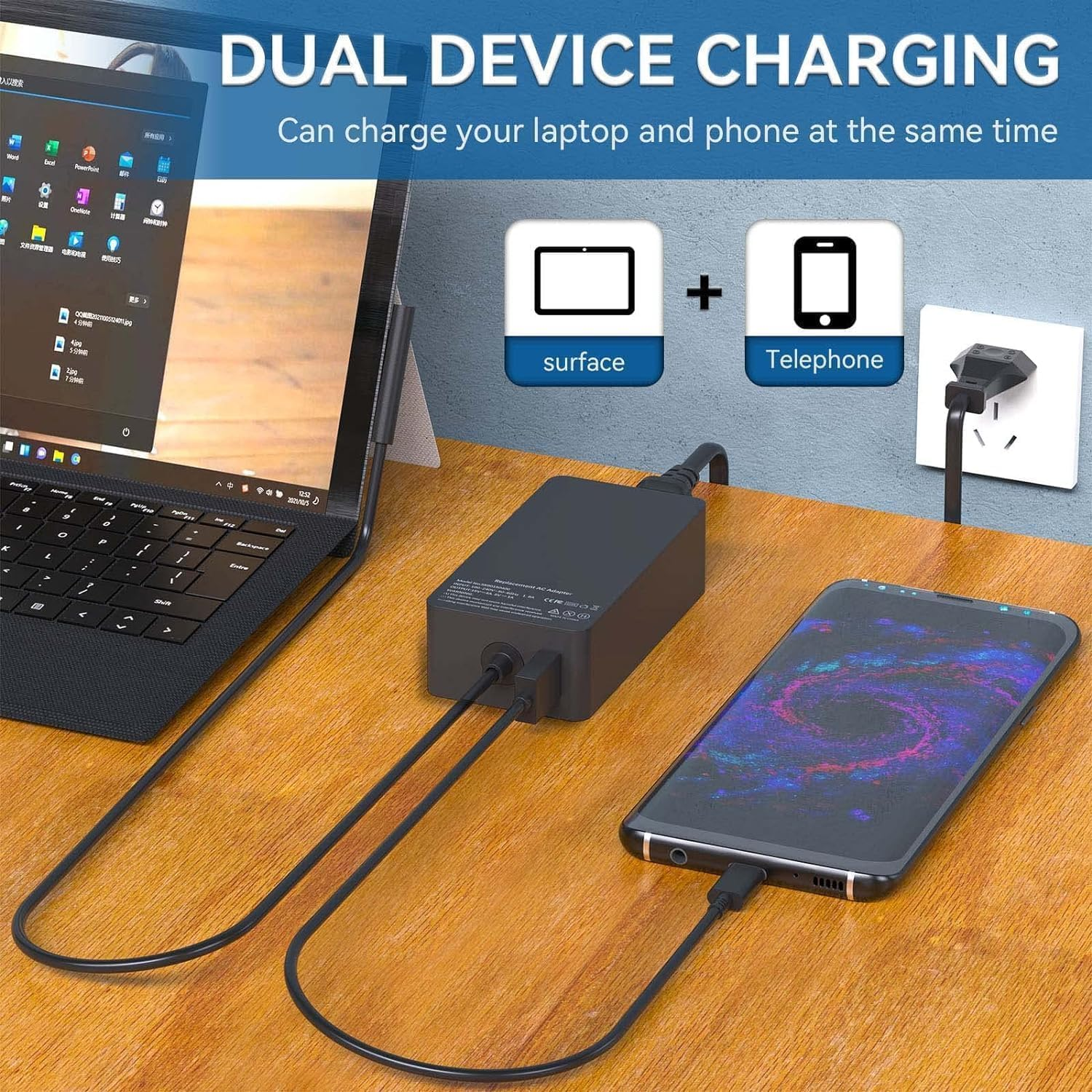 Laptop Charger 65W for Microsoft Surface Pro 3/4/5/6/7/7+/8/9/X Power Supply Adapter, for Windows Surface Laptop 6,5,4,3,2,1,Surface Go Tablet, Surface Book 3,2,1,Support 65W&44W&36W&24W(10 Ft Cord) image number 1