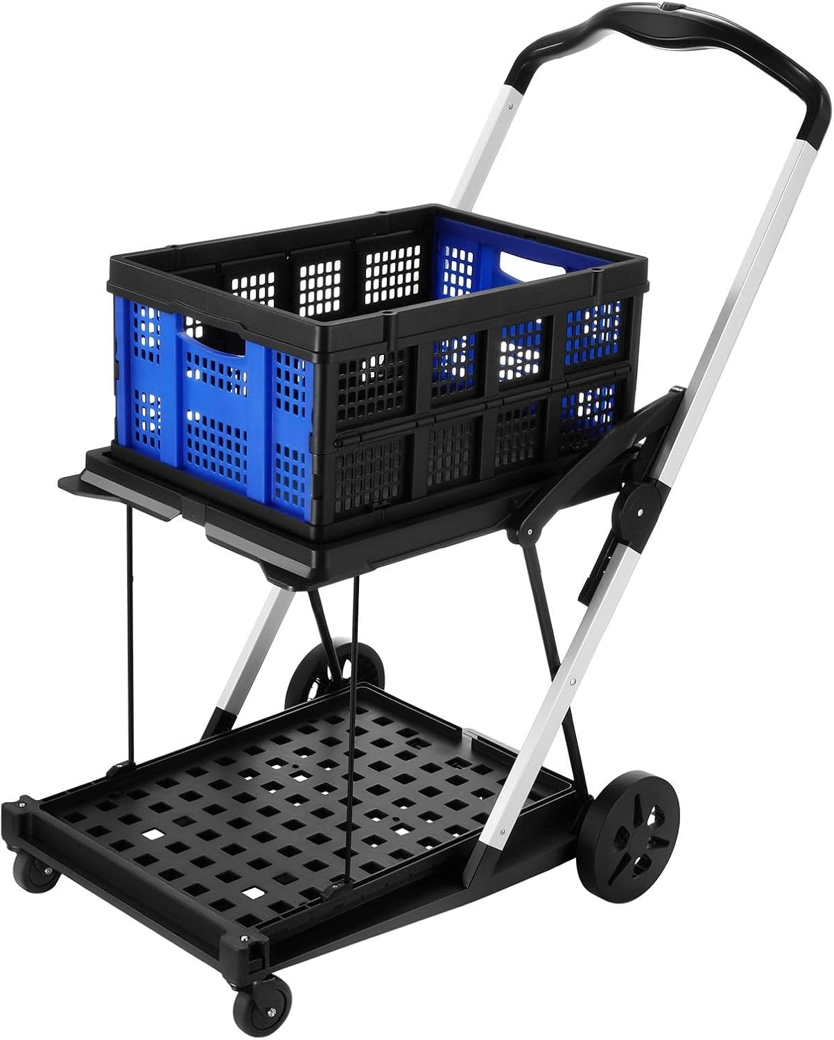 Folding Shopping Cart Trolley with Storage Crates Two Tier Collapsible Cart with Rolling Swivel Wheels for Shopping Picnic and Office
