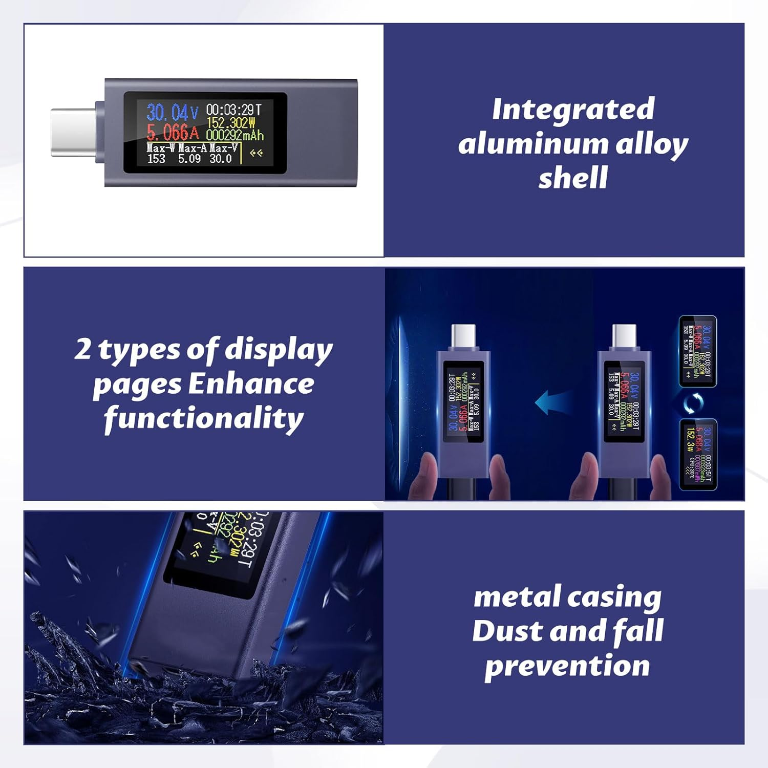 USBC Tester Power Meter, Usb-Tester, Type C Voltage and Current Tester-Meter, Aluminum Alloy Housing with Colorful LED Display, Support Fast Charging Test, Usbcable Charger Detector image number 3