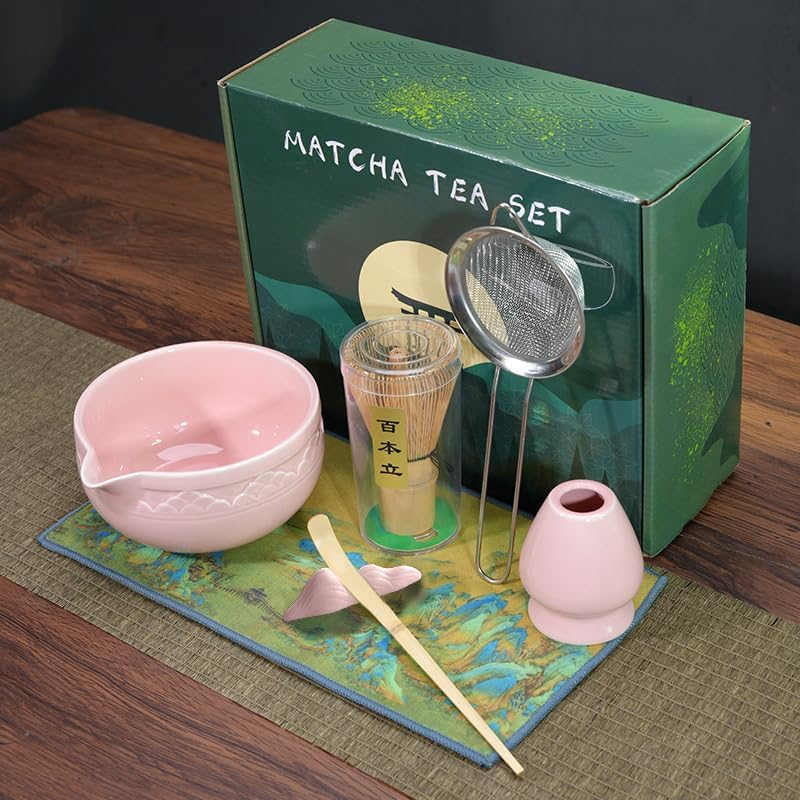 6 Pack Matcha Whisk Set, Japanese Tea Set Includes Matcha Bowl with Spout, Bamboo Matcha Whisk and Scoop, Matcha Whisk Holder, Stainless Steel Sifter, Scoop Stand, Matcha Kit for Matcha Love (Pink)