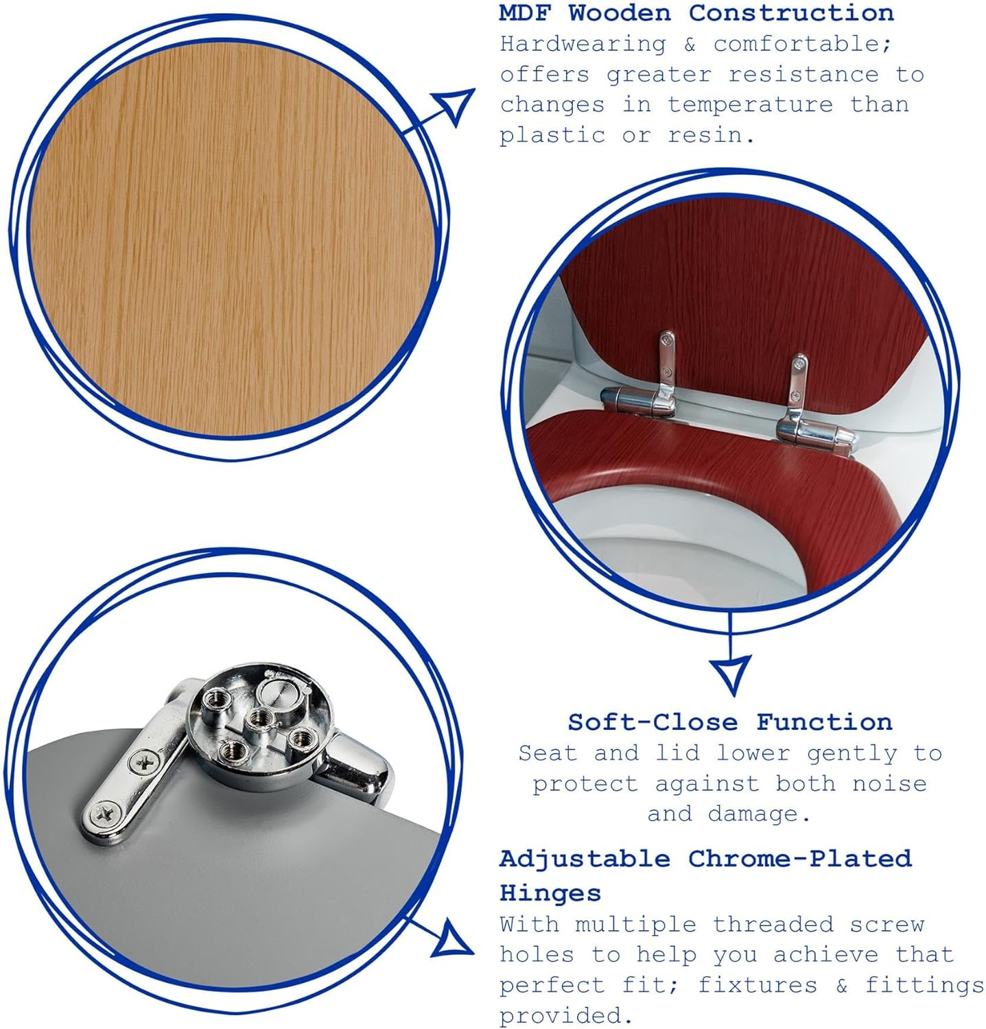 Harbour Housewares Soft Close Toilet Seat - Light Oak - Pack of 1 - Oval-Shaped Wooden Toilet Seat Antibacterial Loo Seat with Universal Chrome Hinges, Fixings & Fittings image number 3