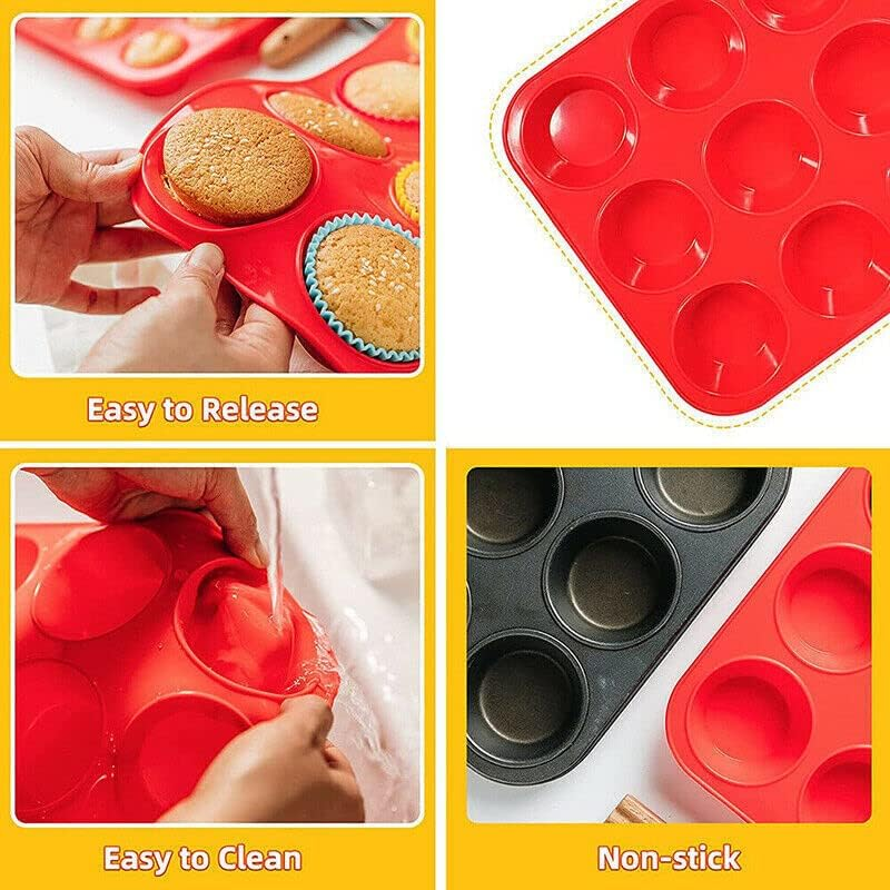 24 Cavity Pan Tray Silicone Mould Mini Cupcake Cookie Baking Mold Muffin Cup,32X22.5Cm, Easy-Release Non-Stick Tray - Red image number 5