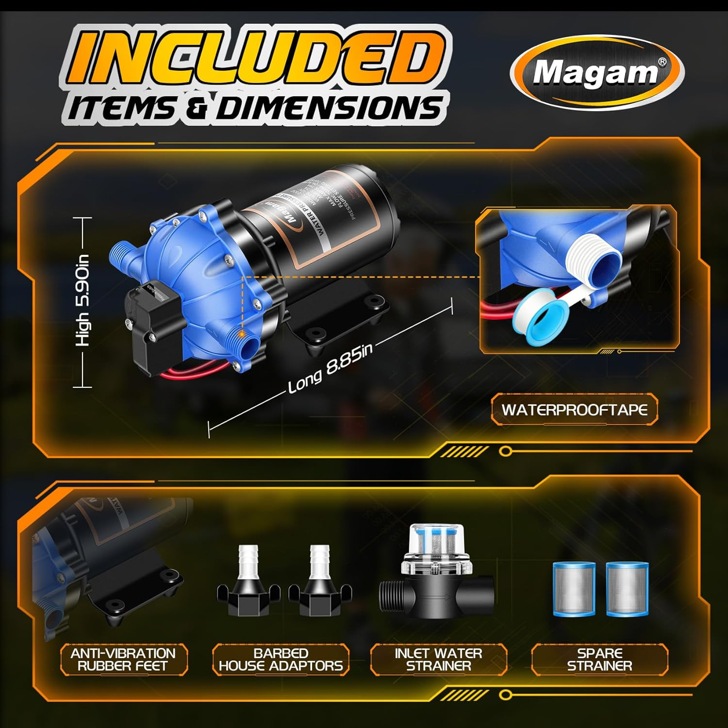 Upgraded 12 Volt Water Pump, 7GPM 70PSI, Five Chamber Self-Priming Diaphragm 12V DC RV Fresh Pump with Heavy Duty Pressure Switch & Strainer for Marine, Yacht, Caravan, Camper image number 5