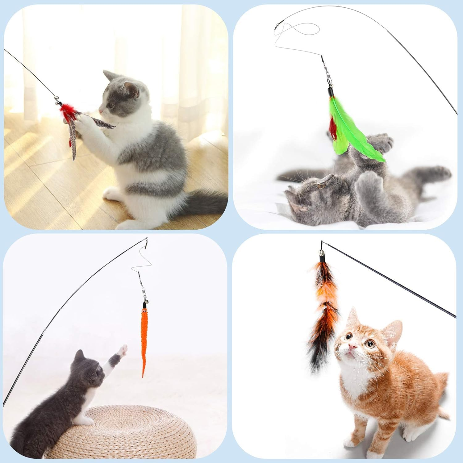 Cat Toys Wand Set with Suction Cup &ndash; 20 Pack Interactive Cat Teaser Toys with Feathers, Bells, Butterfly & Mouse Attachments &ndash; Retractable Wand & Sturdy Suction Base for Indoor Cats & Kittens AUPOINT image number 3