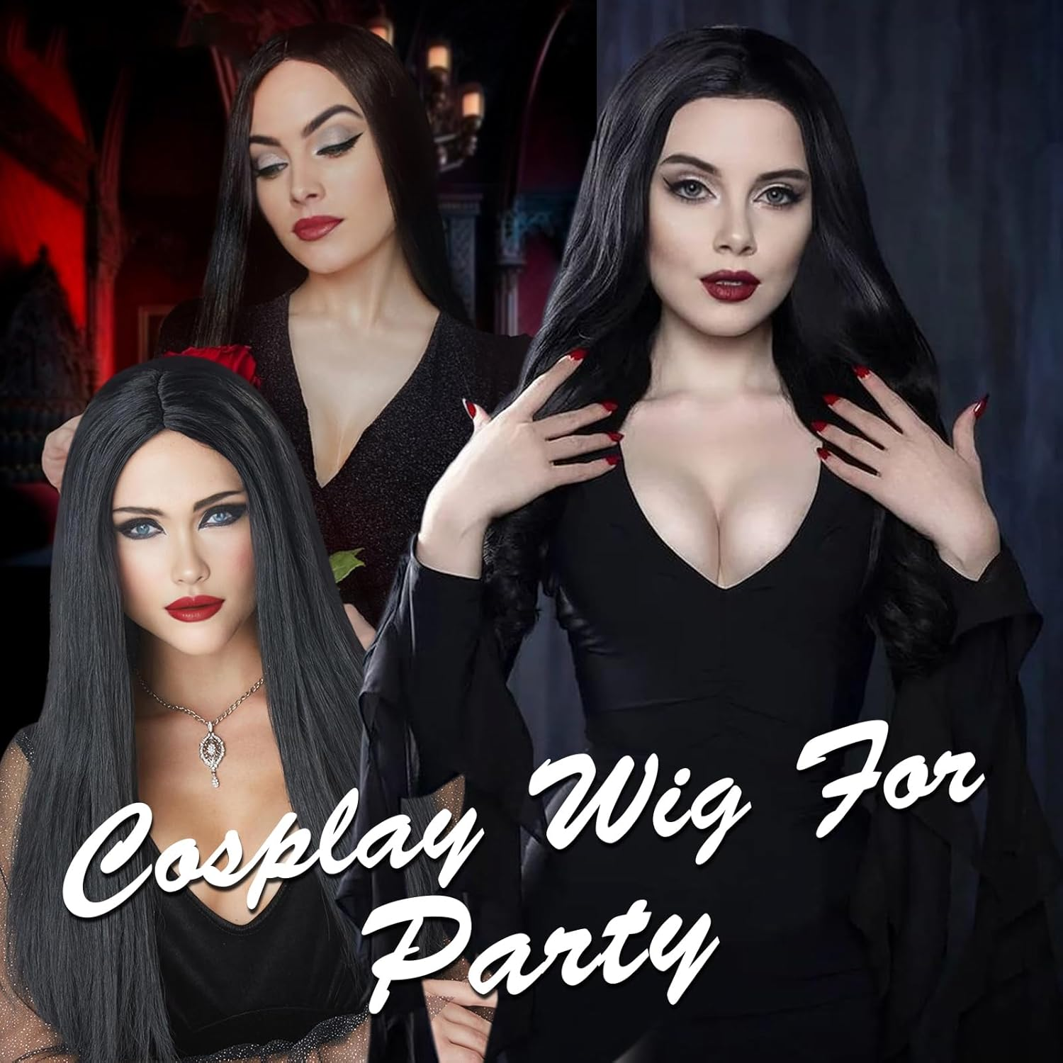 Long Black Wig for Women Halloween Cosplay Long Black Straight Hair Wig Natural Colored Synthetic Hair for Women Party Costume(28Inch, Black) - Black image number 6