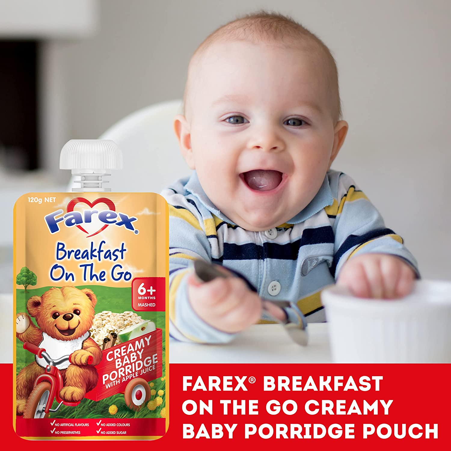 Farex 6+ Months Creamy Baby Porridge Breakfast on the Go Baby Food Pouch No Artificial Flavours, No Preservatives, No Added Colours, No Added Sugars 120G (Pack of 6) image number 4