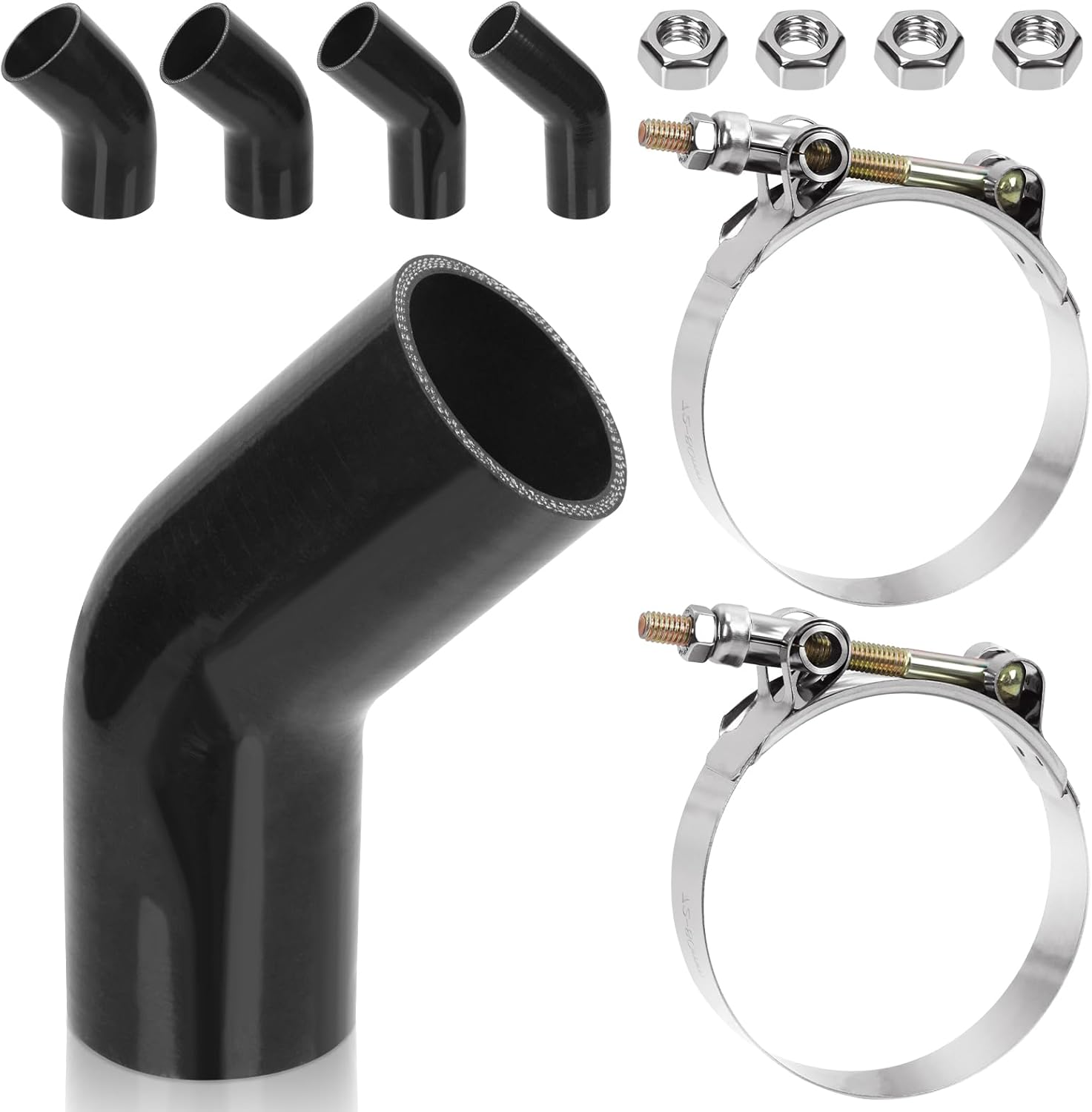 Glarks 7Pcs 45 Degree Elbow Coupler Silicone Hose Set Includes 1Pcs ID 2.5In 4-Ply High Performance Coupler Silicone Hose 2Pcs 2.8-3.1In T-Bolt Clamp 4Pcs M6 Hex Nut