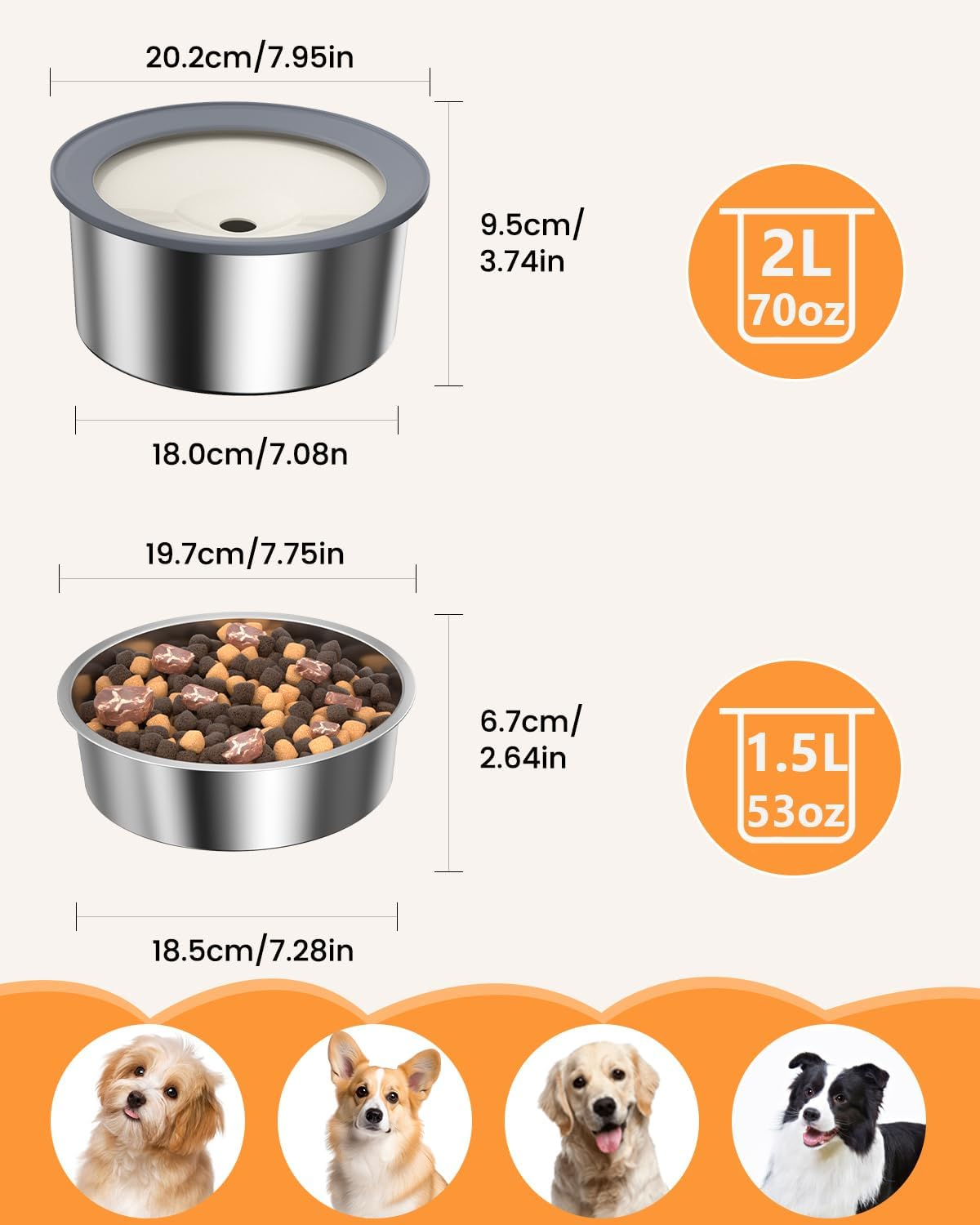 No Spill Water Bowl and Food Bowl Set for Dogs, 2L Large Slow Drinking Spilling Proof Water Dispenser & 1.5L Stainless Steel Dish Pet Feeder