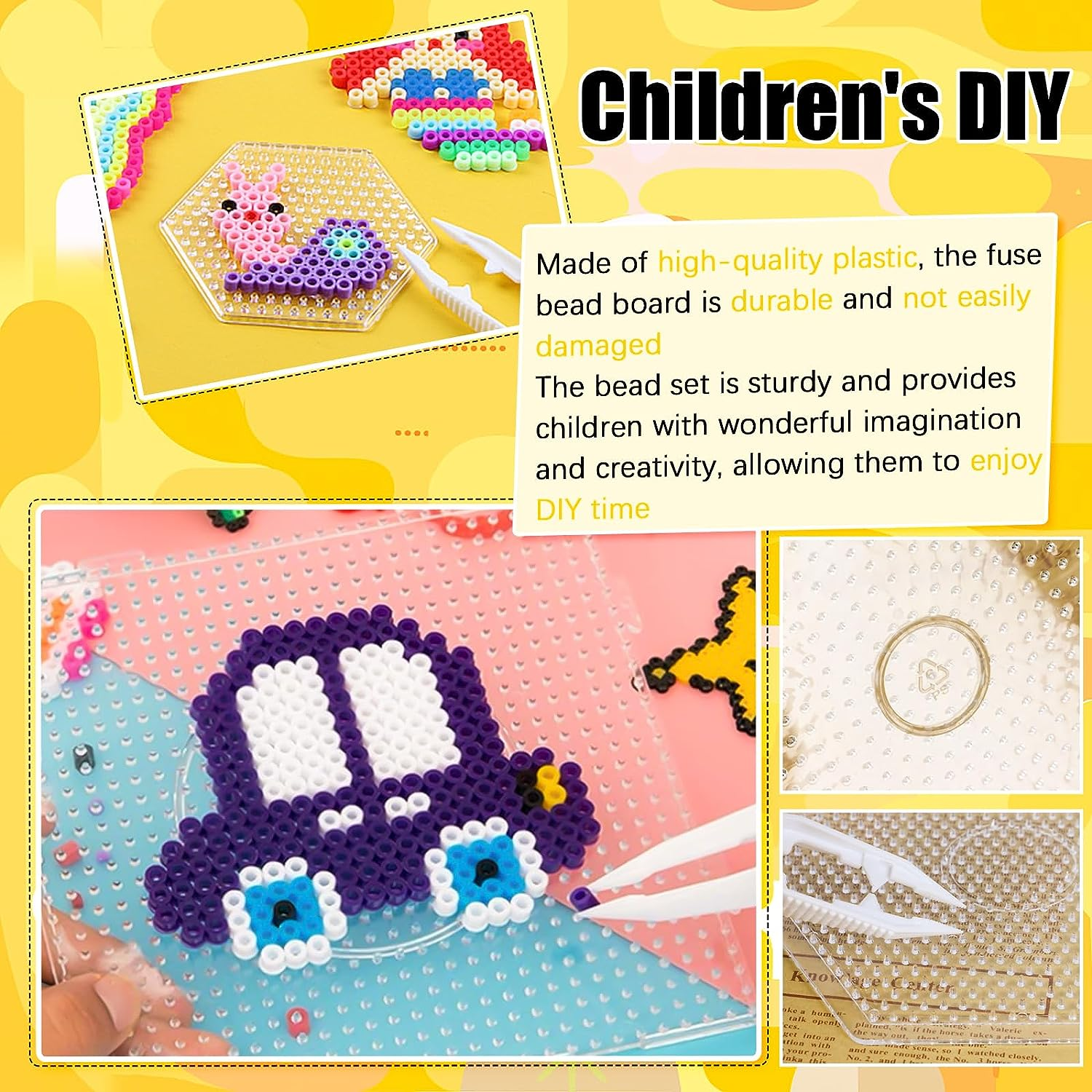 BILLIOTEAM 10PCS (4 Shapes) Fuse Beads Pegboards Boards with 2Pieces Tweezers and 6Pieces Lroning Paper,5Mm Clear Plastic Pegboards Set Kit for Kids Craft Supplies Beads image number 4