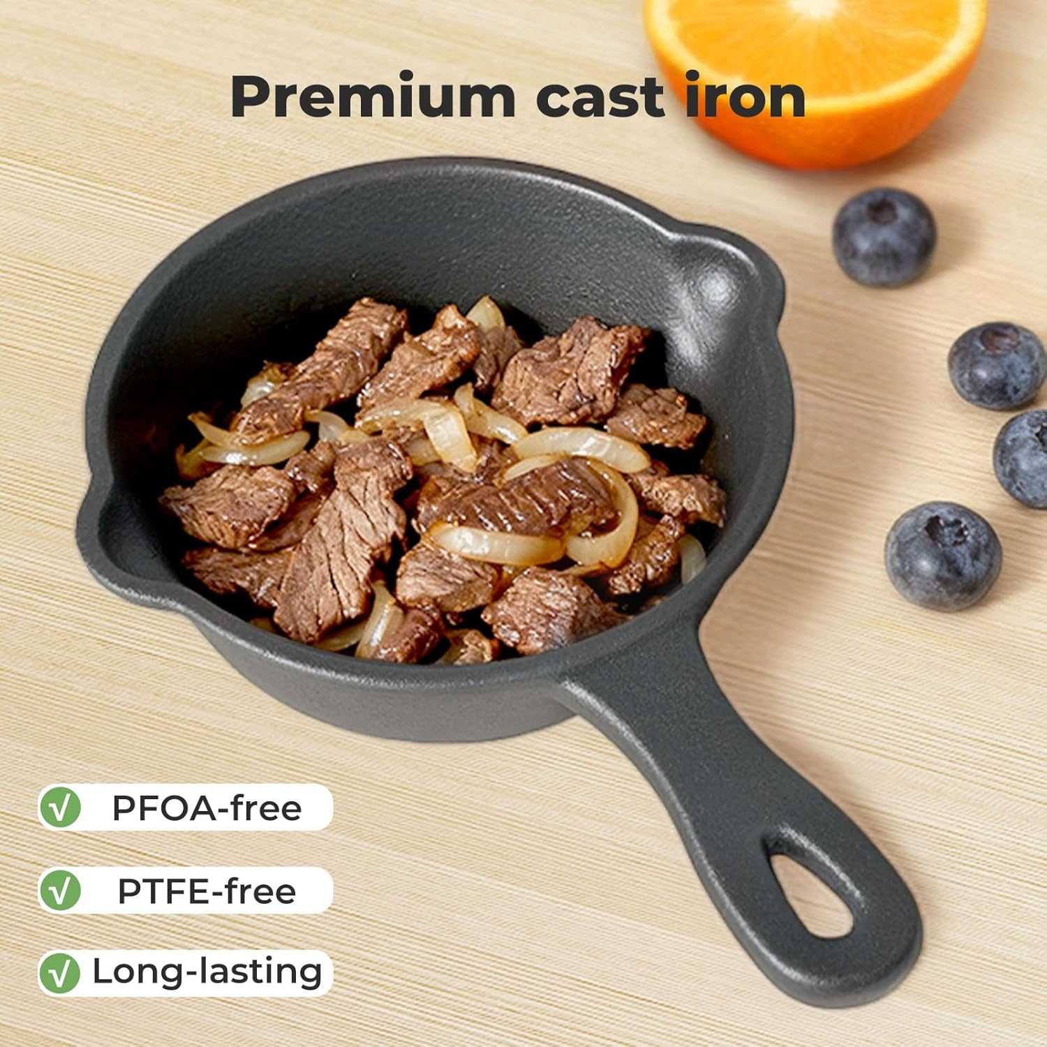 TOQUE 4 Pack Mini Cast Iron Skillet, 4" Small Frying Pans with Handles and Double Drip-Spouts, Non-Stick Pre-Seasoned Small Skillets for Baked Cookie, Brownie, Cooked Eggs, for Stove, Oven, Grill Safe