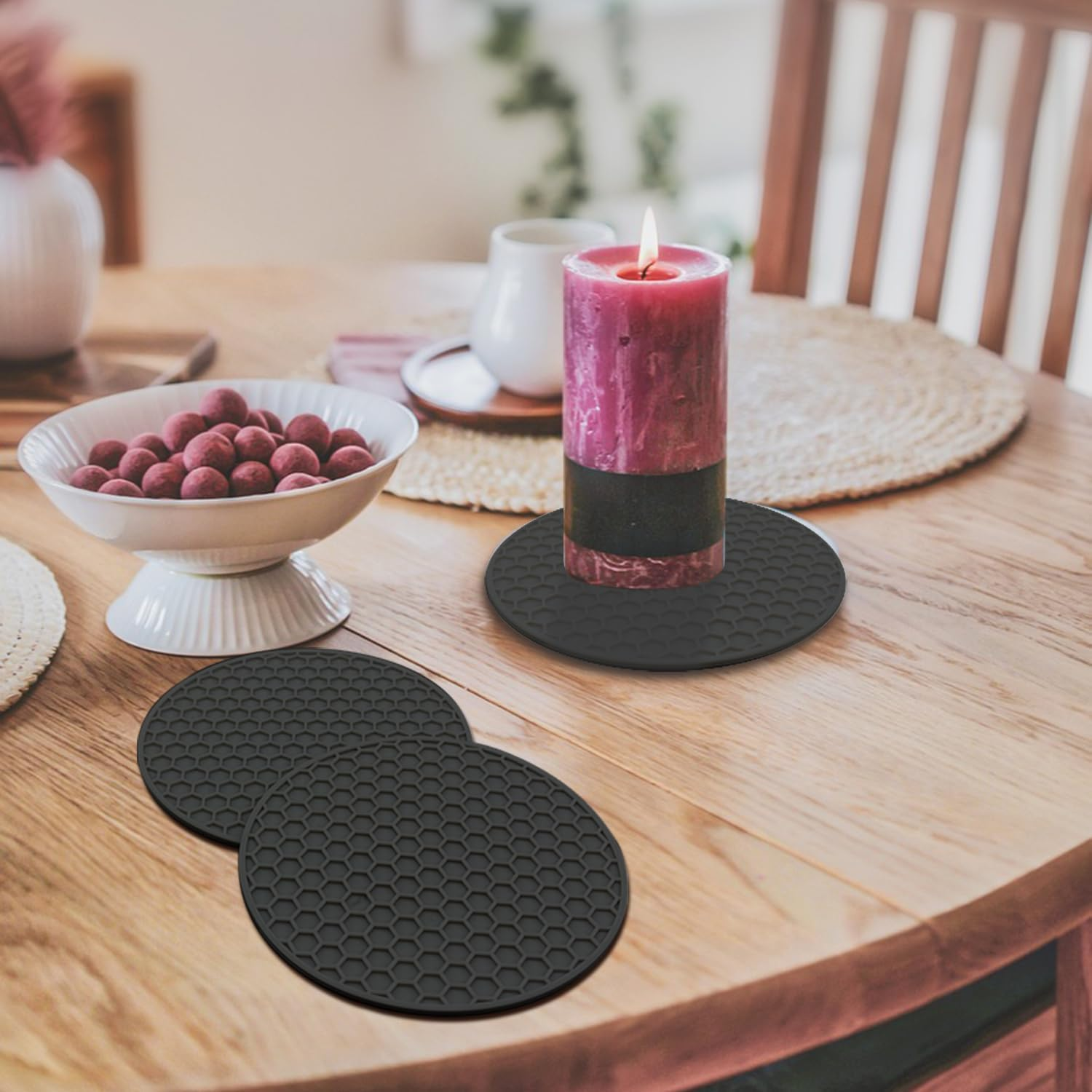 TENOC Silicone Non-Slip, Heat Resistant & Water-Trapping Trivet Mats for Water Glasses & Teacup & Coffee Cup & Dishes & Cookware, Multipurpose Kitchen Table Coaster, 3.5-Inch, Black image number 2