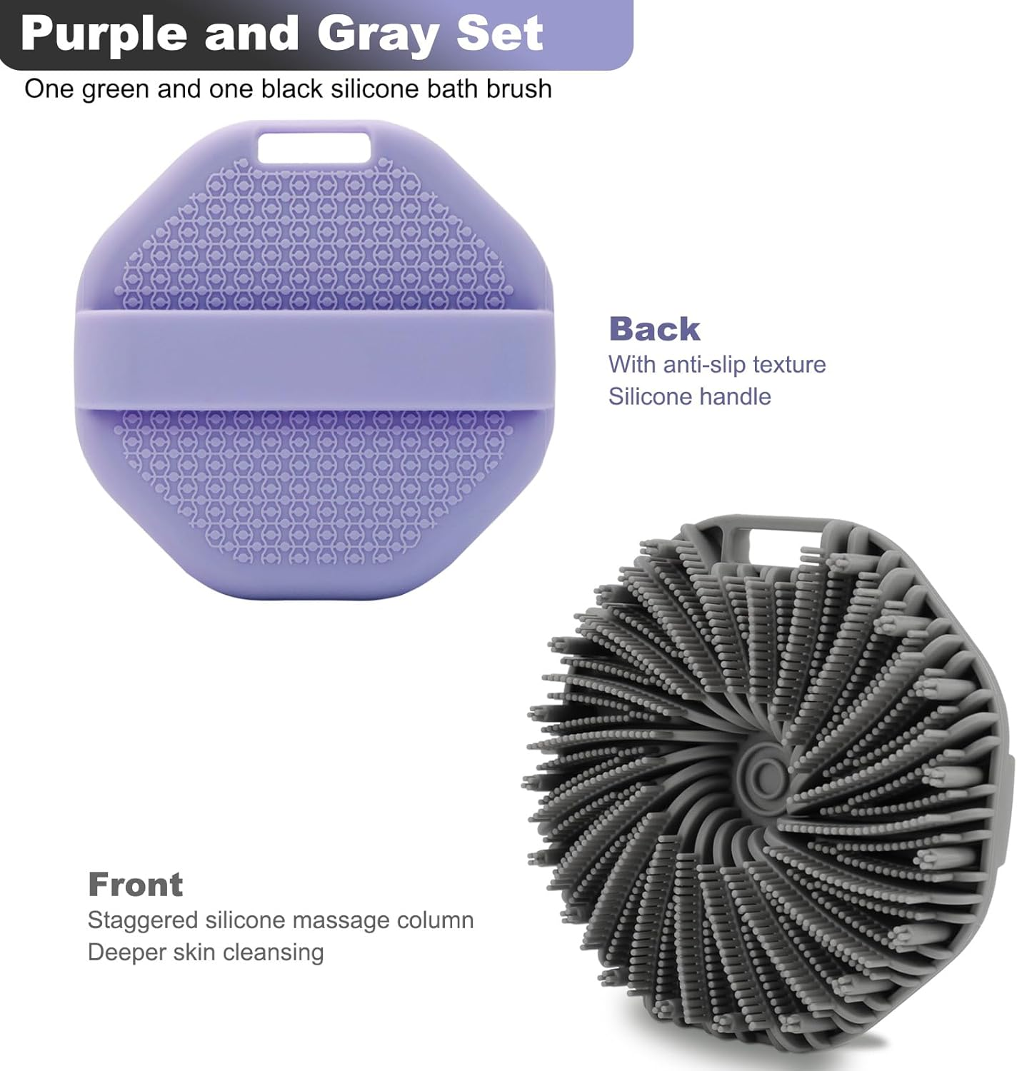 2-Pack Silicone Body Scrubber Shower Brushes,Exfoliating Body Scrubber for All Skin Type, Eco Friendly Shower Scrubber for Body, Silicone Body Brush for Showering (Gray & Purple) - Black  Green image number 6