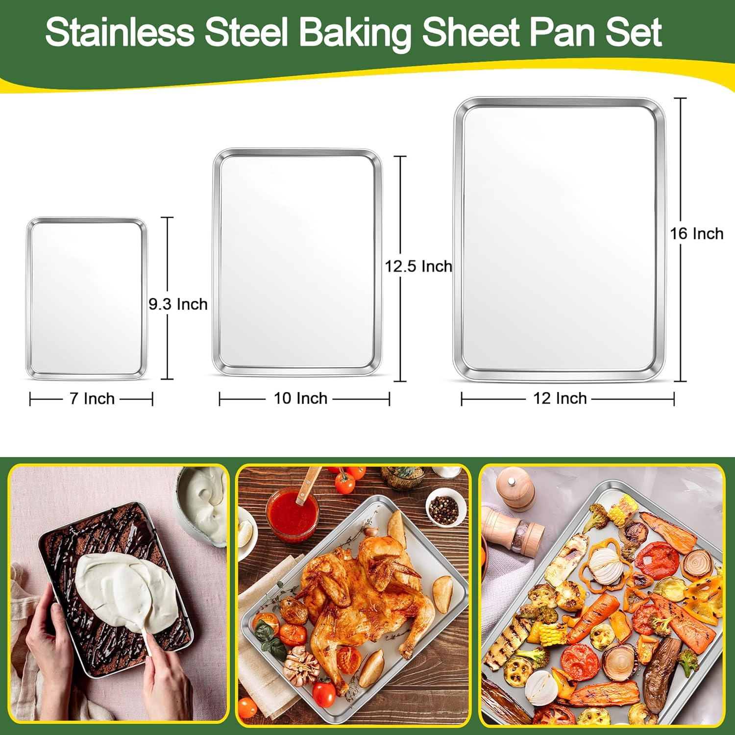 E-Far Baking Pans Set of 3, 16/12.5/9.3 Inch Stainless Steel Cookie Sheet Pan for Oven, Bakeware for Brownie Lasagna Casserole Cake, Non Toxic & Easy Clean image number 1