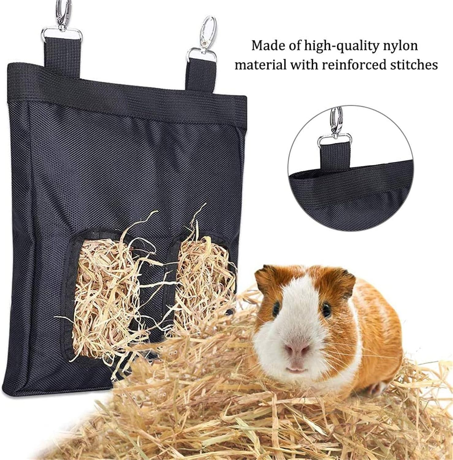Rabbit Hay Feeder Bag, Guinea Pig Hay Feeder Bag,Rabbit Food Bag with Retractable Straps,Food Sack Hay Holder with Hooks for Hamster Bunny Chinchilla Turtle Cage Accessories (2 Grids) image number 1