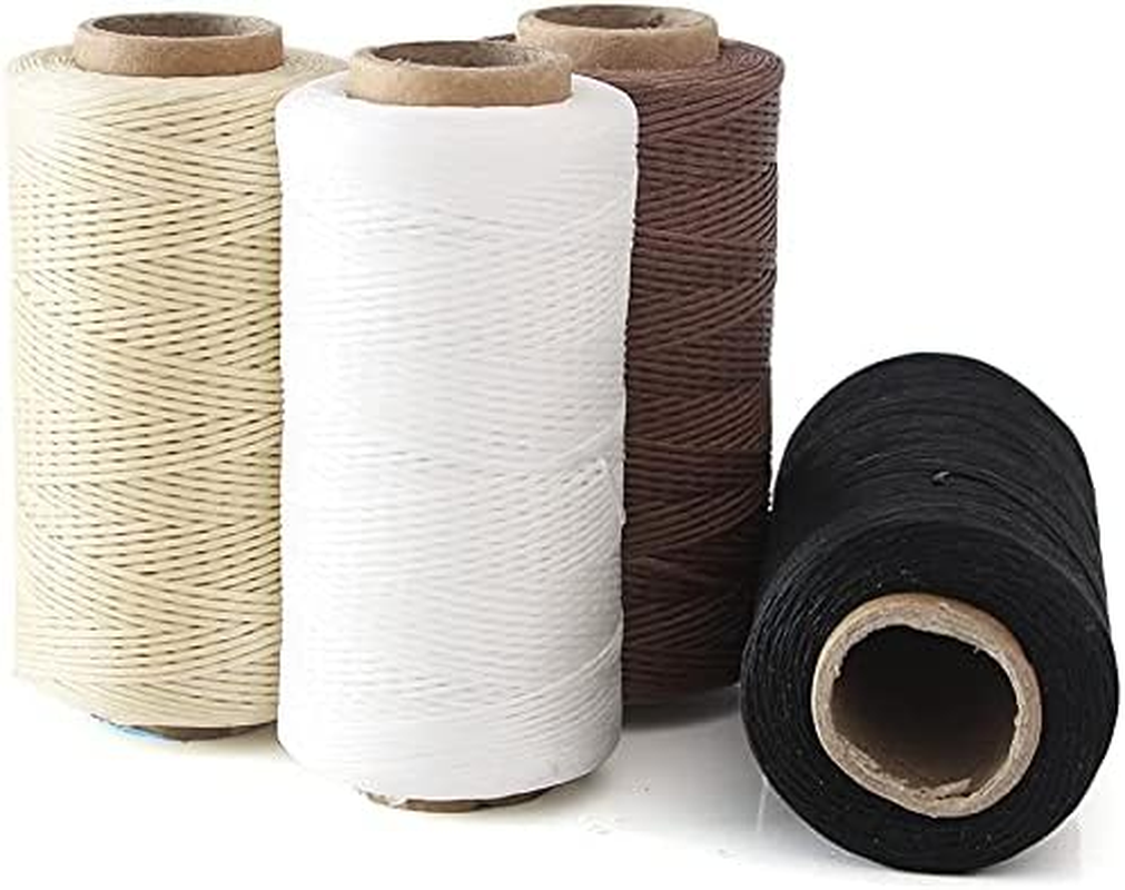 4Pcs 260 Meter 0.8Mm 150D Flat Leather Waxed Thread Cord Craft with 1 Set (7Pcs) Curved Upholstery Sewing Needles Leather Waxed Thread Drilling Awl Thimble (White+Dark Brown+Beige+Black)