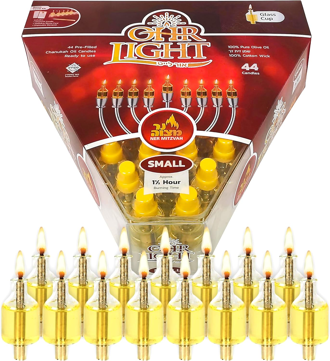 Pre-Filled Menorah Oil Cup Candles - Hanukkah Ohr Lights - 100% Olive Oil with Cotton Wick in Glass Cup - Small Size 44 per Pack Burns Approx. 1 1/2 Hrs image number 1