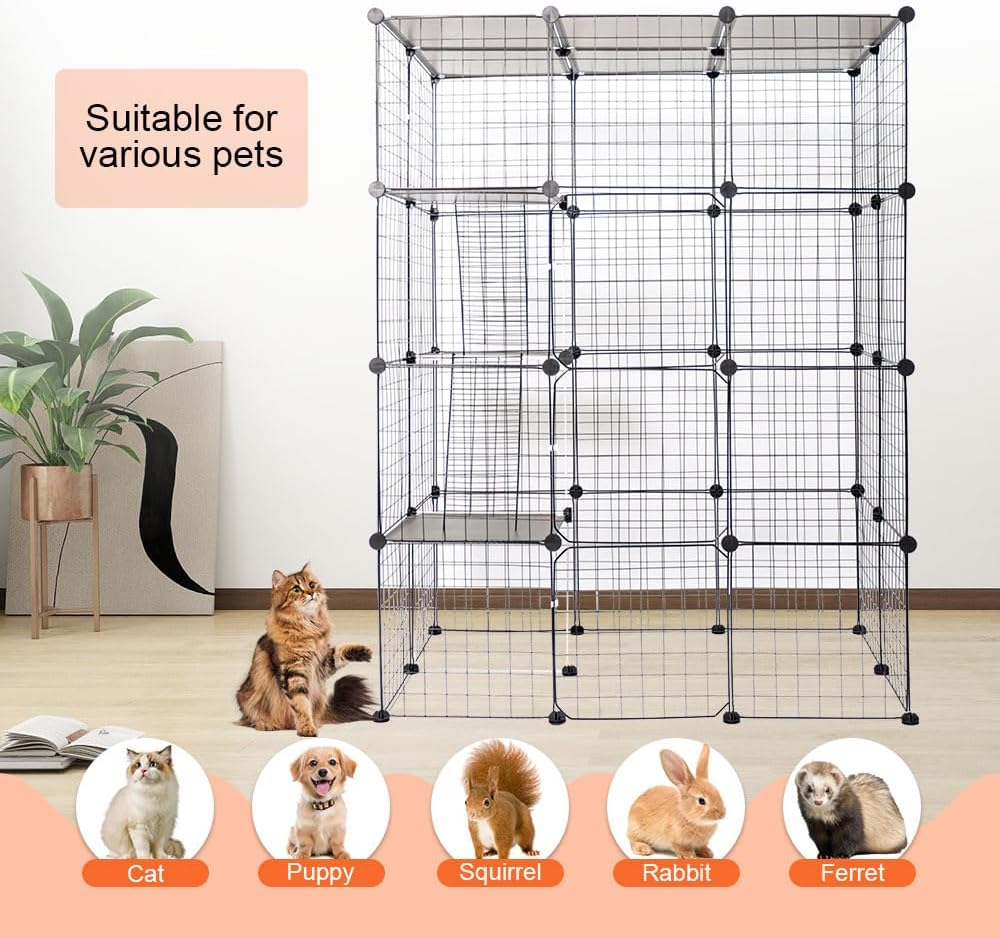 Melpet 4 Tier Metal Large Cat Enclosure Playpen DIY Animals Kennel Cat Cage Free Space with Ramps and 5 Doors for Household Outdoor Indoor Balcony, 111X75X146Cm