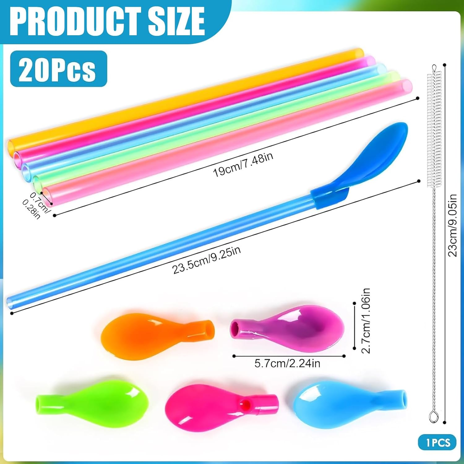 20 Pack Straws Spoons, Reusable Drinking Straw Spoons for Slush, 2-In-1 Straws with Spoon, Long Straw Spoon with Straw Brush for Coffee, Slush, Cocktail (20 Pieces)
