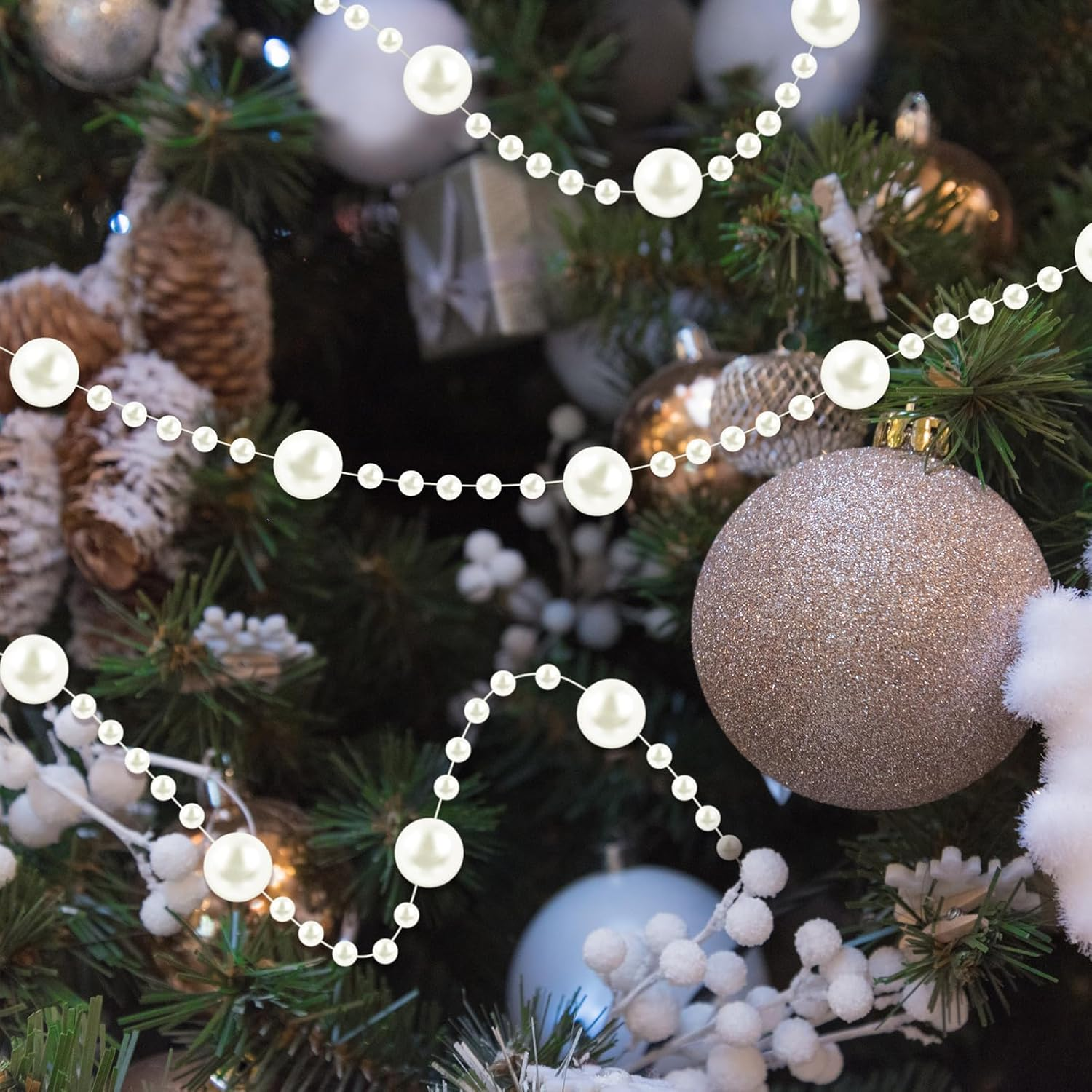 Pangda 65.6Ft Artificial Pearl Beads Garland Plastic Beaded String Strands Chain Ornament Roll for DIY Craft Christmas Tree Wedding Valentines Party Decoration Floral Centerpiece Supplies(Ivory) image number 6