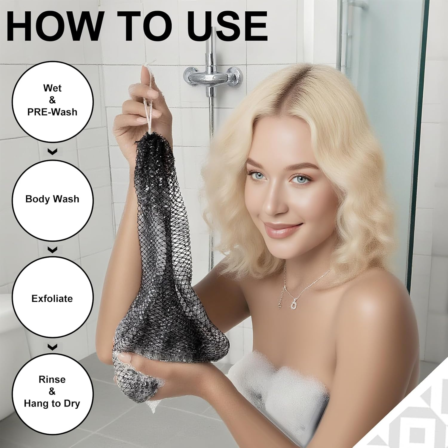 Authentic African Net Sponge with Drawstring, Extra Large Exfoliating Bath Sponge, Long Stretch Mesh Loofah for Shower Back Scrubber Washcloth (Black) image number 1