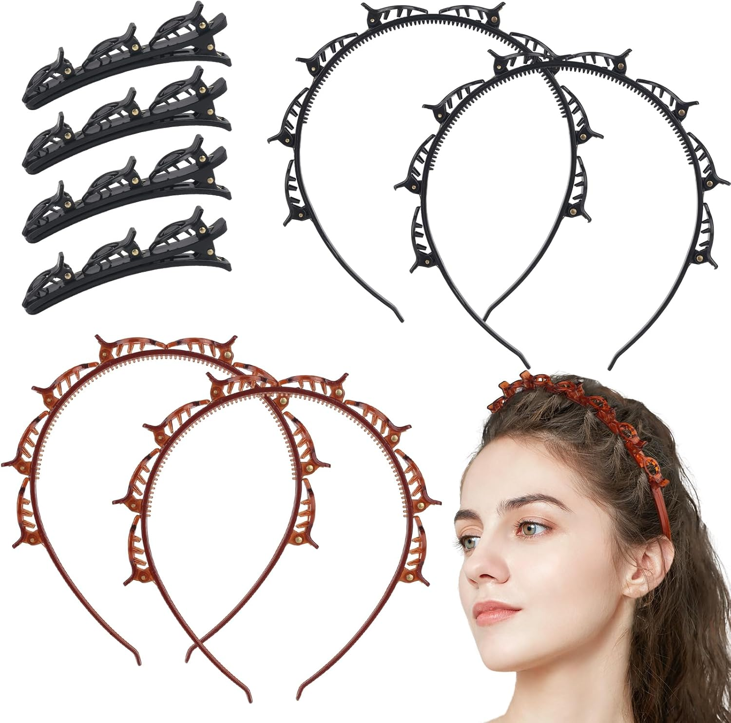 Pack of 4 Headband with Clips, Braided Headband with Clips, Bangs Headband with Clips, Headband with Clips with 4 Hair Clips for Women, Girls (Black + Brown) image number 4