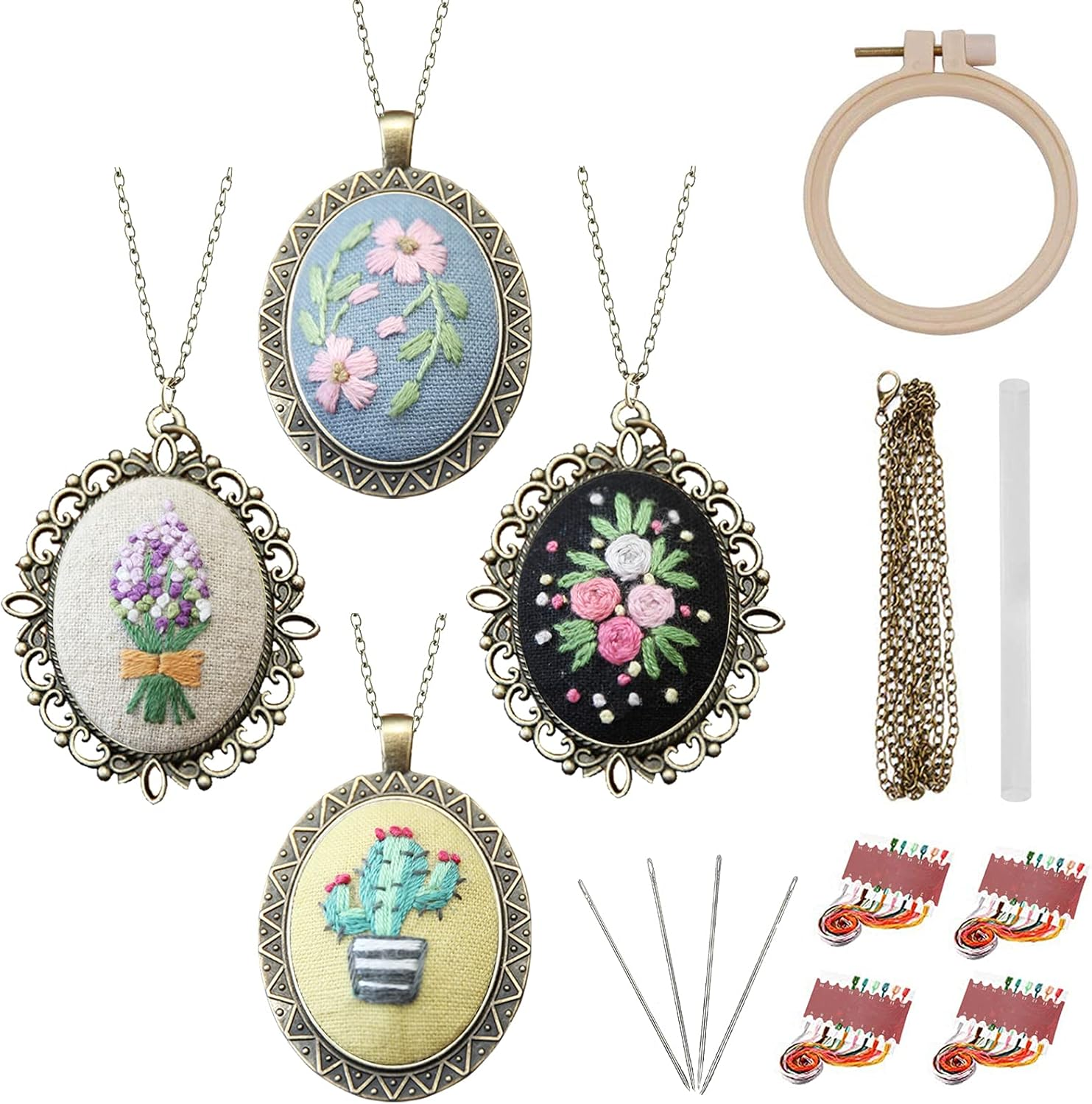 ZOCONE 4 Packs Embroidery Necklace Kit, Embroidery Pendant Kit Mini Cross Stitch Kit with Hoop, Necklace, Pendant, Stamped Pattern Cloth, Instructions, Etc., Embroidery Kit for Adults