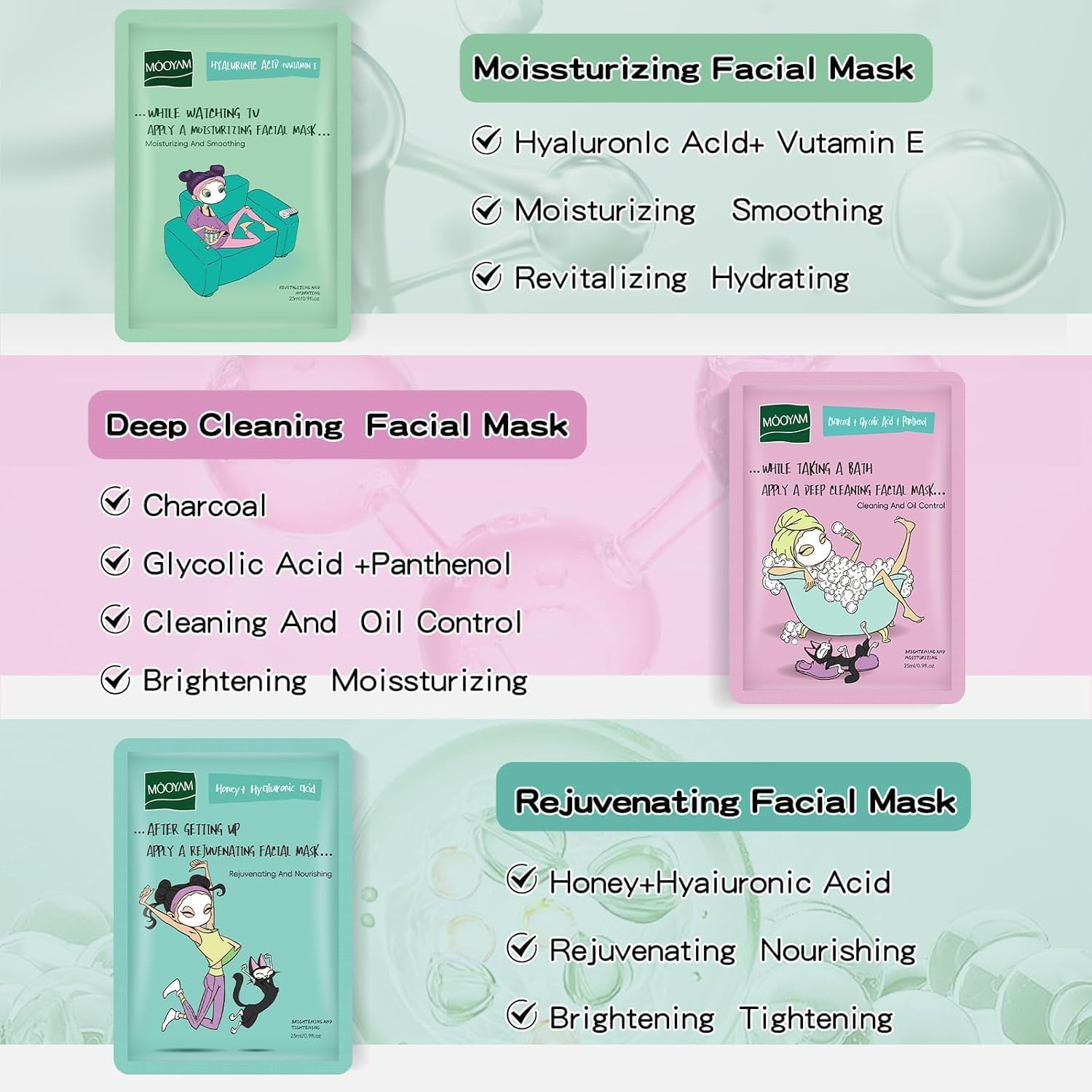 Face Masks Skincare Set for Girl,Moisturizing Collagen Facial Masks for Women Home Spa,Hyaluronic Acid Face Mask - Pore Minimizing,Elasticity Enhancing,Firming,Moisturizing,Oil Contral 25Ml (6 Pack)
