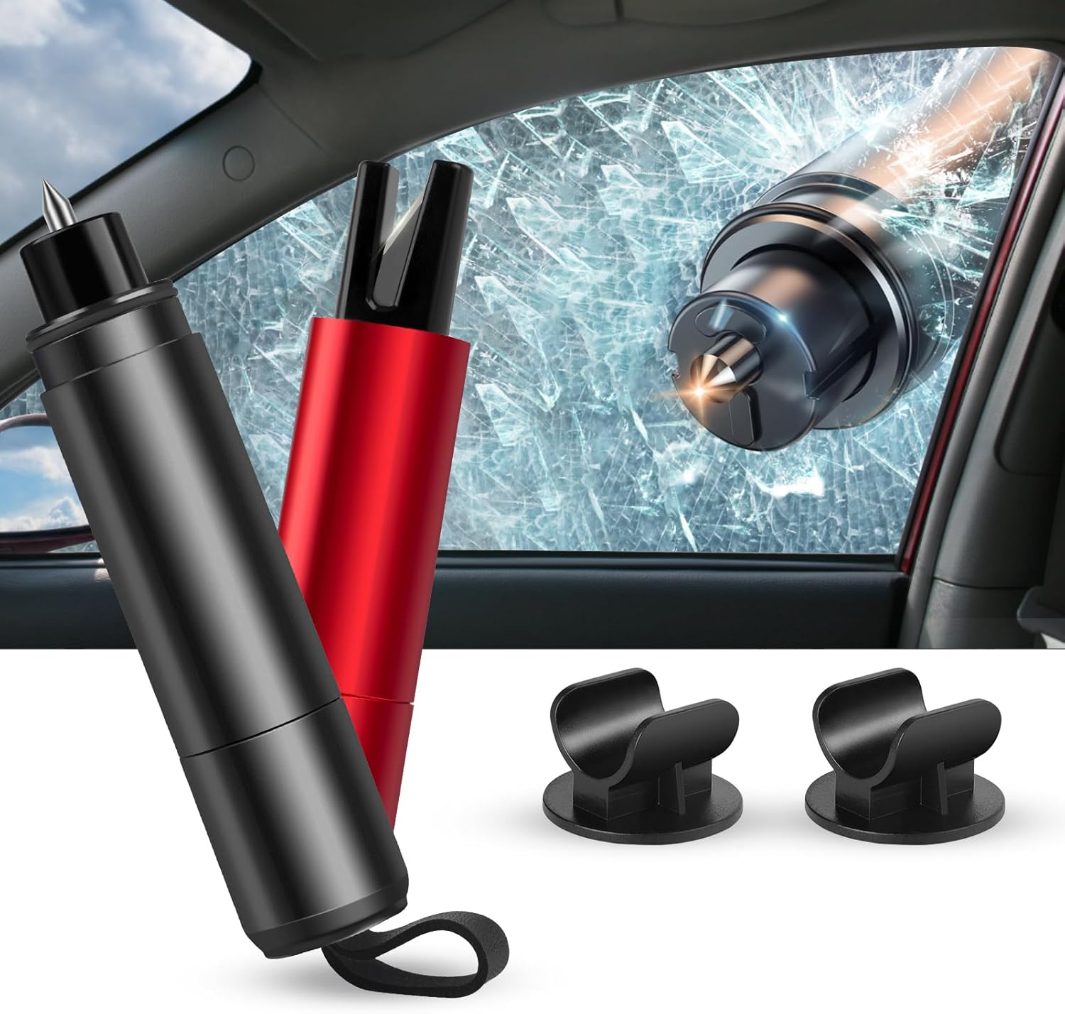Eukyplace 2 Pack Window Breaker Seatbelt Cutter &ndash; Emergency Car Window Breaker Tool with Seat Belt Cutter and Glass Breaker &ndash; Car Seat Unbuckle Tool, Red & Black image number 2