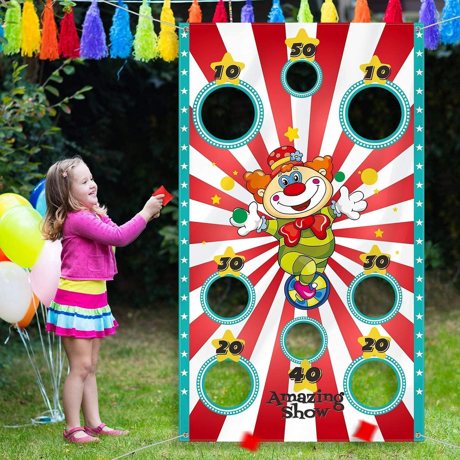 Carnival Clown Toss Game Banner with 3 Bean Bags for Kids and Adults in Carnival Party Activities Carnival Party Decoration Supply Set image number 5
