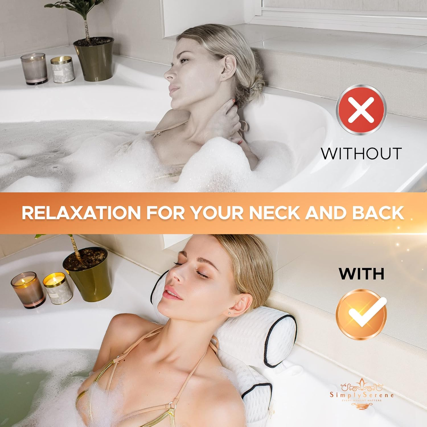 Simply Serene Bath Tub Pillows for Head & Neck - Spa-Quality Cushion for Relaxation - Bathroom Accessory & Gifts image number 2