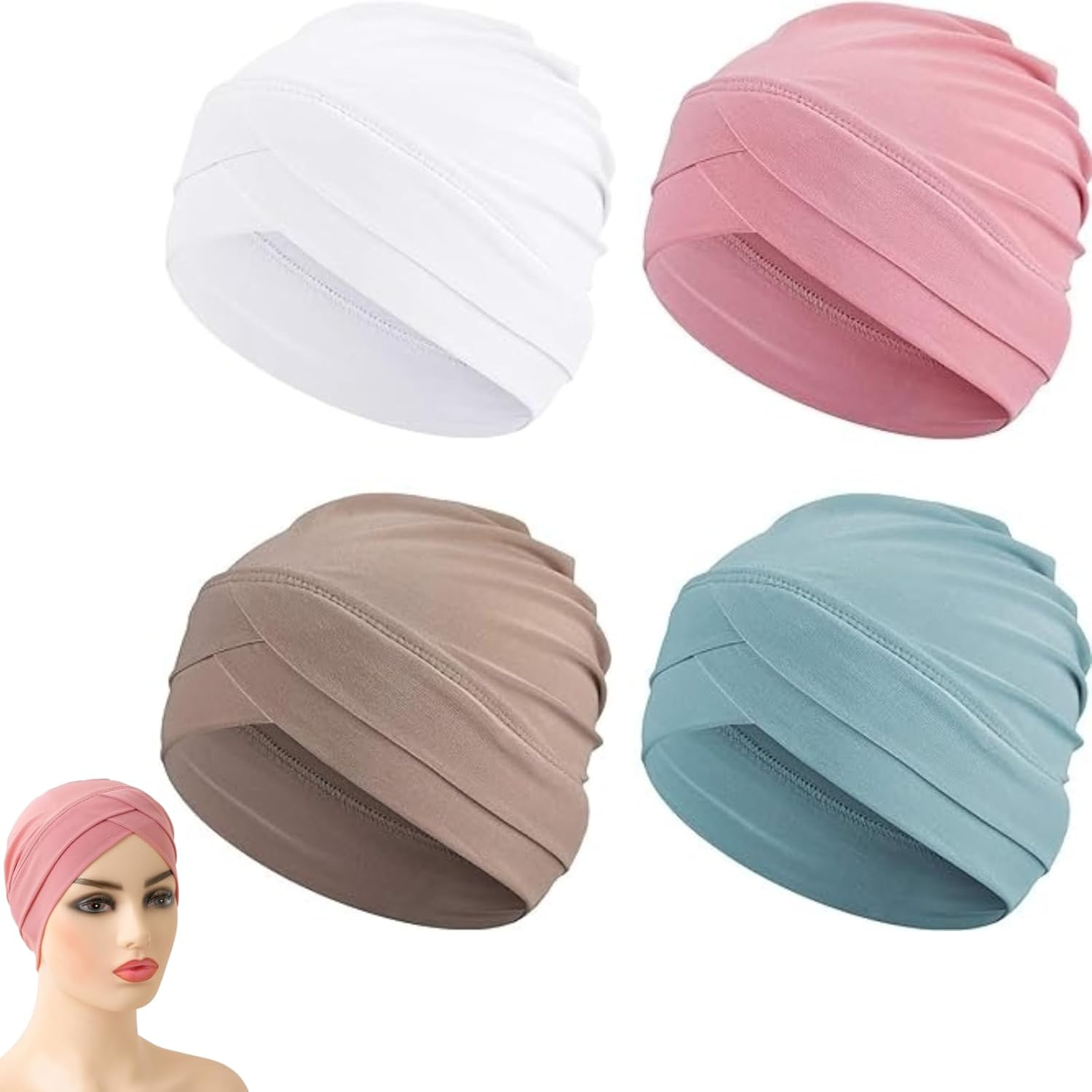 4 Pcs Turbans for Women with Cancer Chemo Headwear Cancer Patient Head Covering Soft Pleated Stretchy Lightweight Head Wrap Sleep Hat