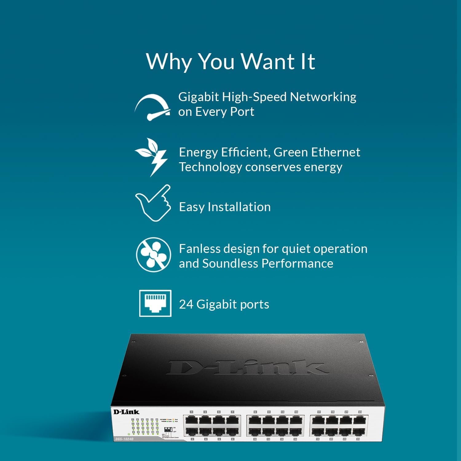 D-Link DGS-1024D 24-Port Gigabit Unmanaged Switch - High-Speed Ethernet Network Switch with Energy-Efficient Features, Metal Housing for Durability, Fanless Design for Quiet Operation image number 5