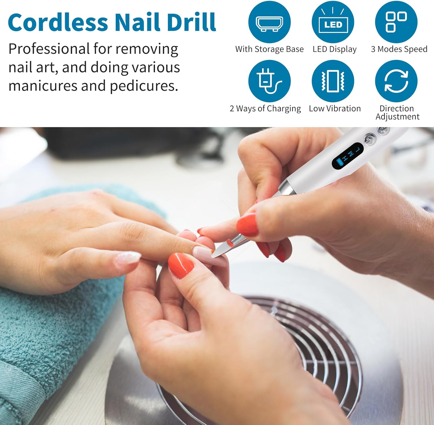 Electric Nail Drill: 12 in 1 Professional Nail Drill for Acrylic Nails Gel 3 Speeds E File Cordless Electric Nail Files with Base and Sanding Bands Efile Manicure Pedicure for Beginner Girl Women Mum image number 3