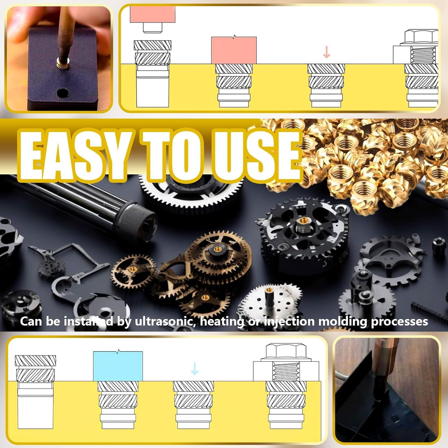 Threaded Inserts, 100 Pcs Knurled Brass Nuts, 3D Printing Brass Nuts for Wood, Plastic, Metal, Sheet Metal image number 6