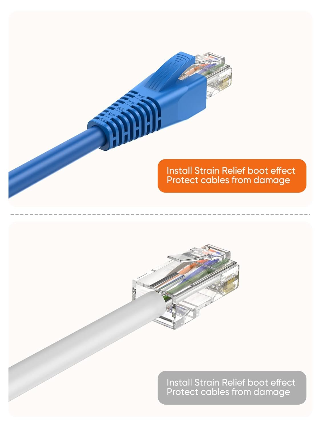 Cablecreation RJ45 Ethernet Network Cable Strain Relief Boot 50-Pack, Blue, PVC, Fits CAT5-CAT6A, RJ45 Connector image number 1