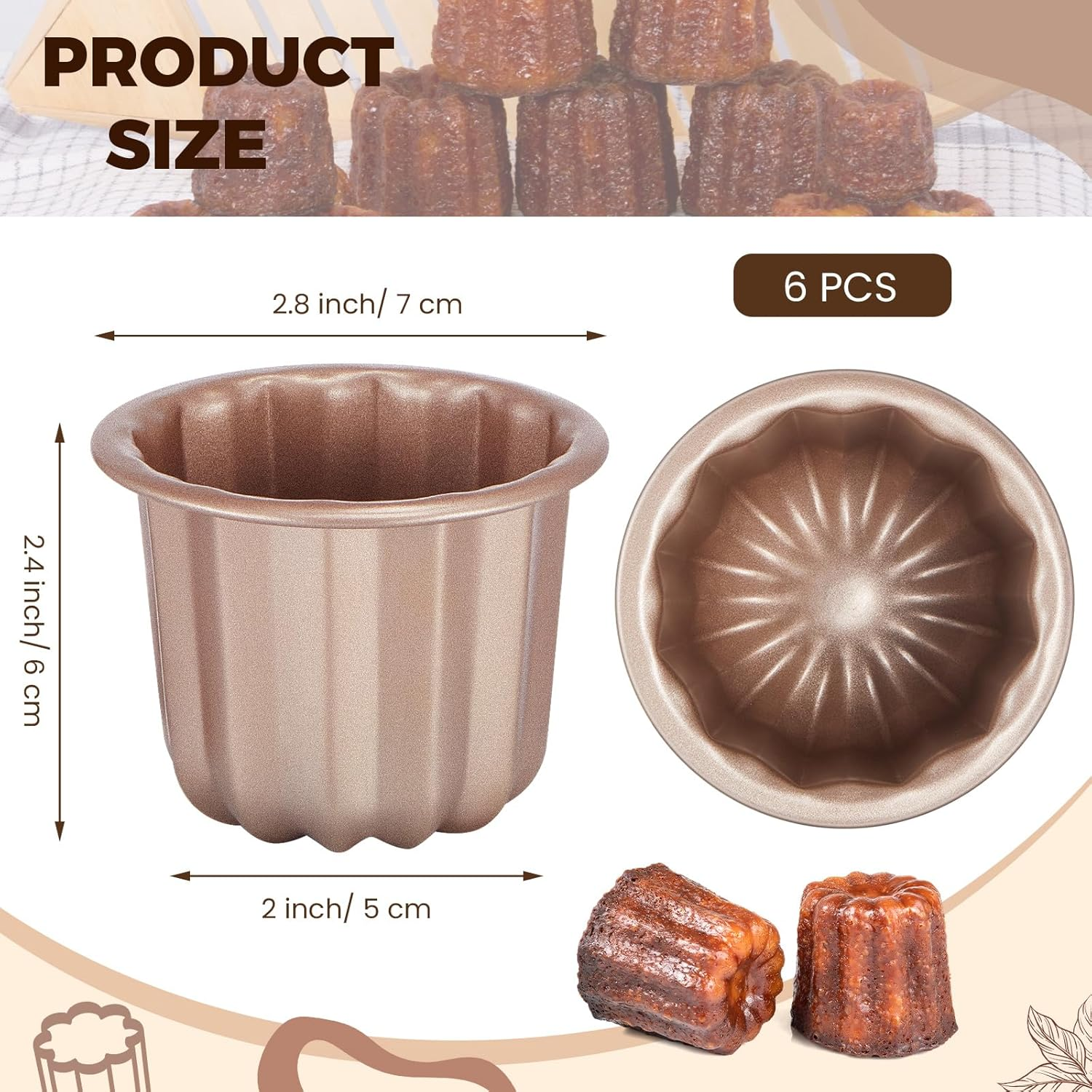 6Pcs Canele Mold Cake Pan Nonstick 2.9 Inch Canele Muffin Bakeware Cupcake Pan Carbon Steel Canele Pastry Molds Mini Cupcake Holders Cake Mold DIY Cake Muffin Baking Tool Decorating image number 4