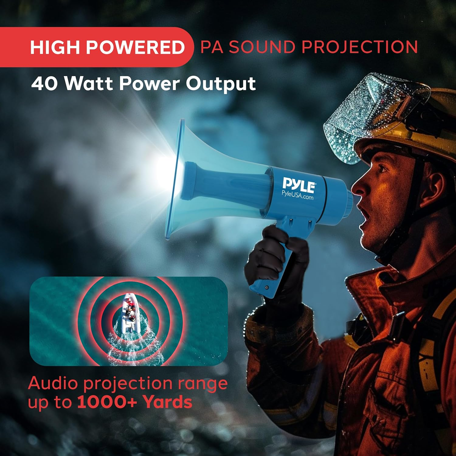 Pyle Portable Compact PA Megaphone Speaker W/Alarm Siren, Adjustable Volume, 40 W Handheld Lightweight Marine Grade Waterproof Bullhorn, LED Flashlight, AA Battery Powered, Indoor Outdoor (PMP66WLT) image number 5
