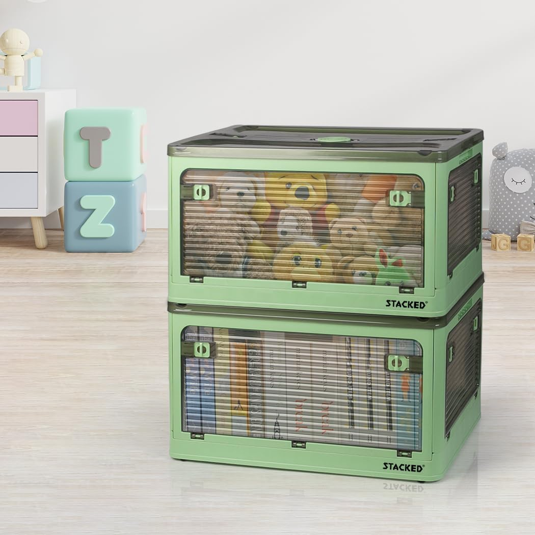 Stacked Storage Bins Stackable Plastic Container with Handle Lid Clothes Wardobe Organiser Toy Book Box Foldable 5 Side Open Wheel 55L Green