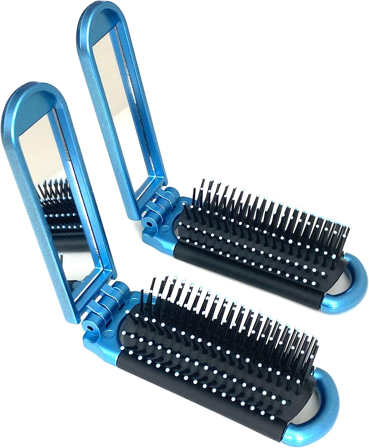 2 BLUE ALAZCO Folding Hair Brush with Mirror Compact Pocket Size Travel Car Gym Bag Purse Locker Swimming Camping Sleepovers and More image number 1