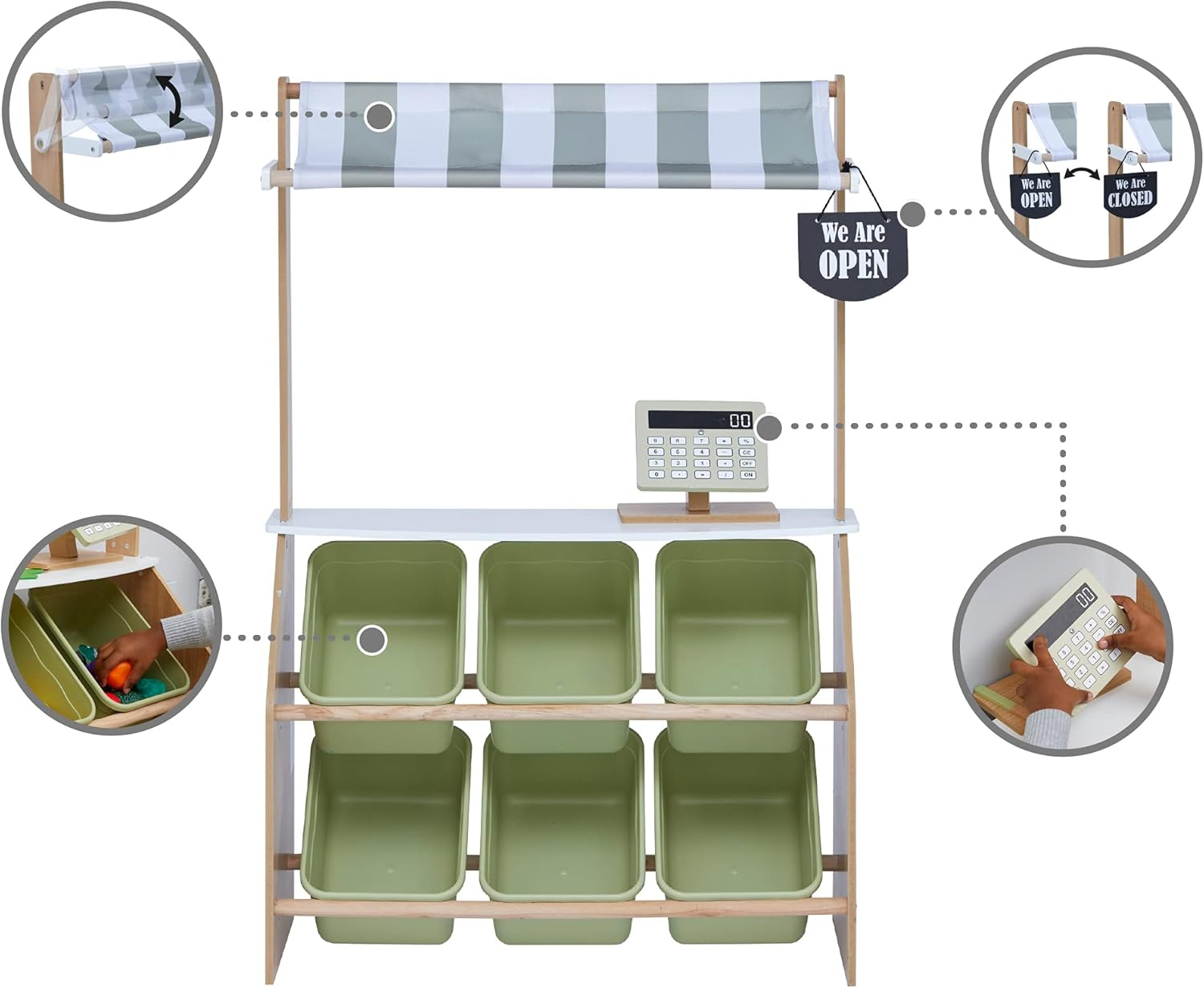 Teamson Kids Wooden Interactive Market Grocery Stand, Role Playset for Children with 6 Accessories image number 1
