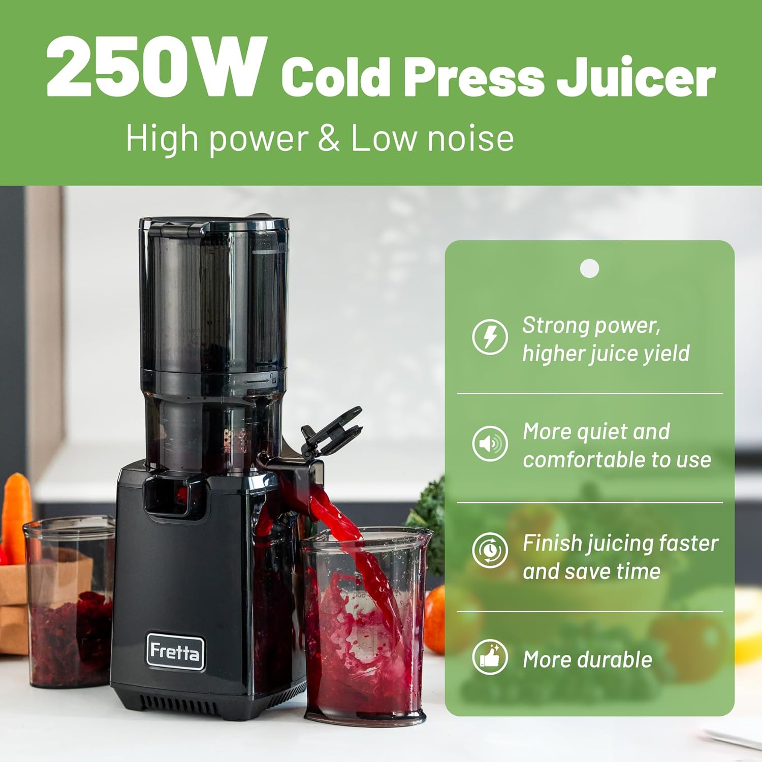 Fretta Juicers Whole Fruit and Vegetable,135Mm Large Feeding Chute,Cold Press Juicer Machines,Fruit Juicer,Apple Juicer,Masticating Slow Juicer with Unclog Reverse Function,Perfect Gifts for New Year image number 1