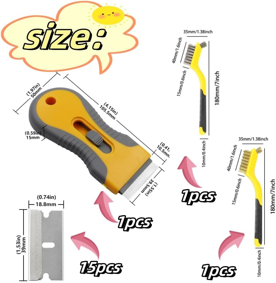 DACUAN Hob Oven Hand Cleaning Tool Set, Non-Scratch Glass Window Remover with 14 Spare Replacement + 2 Stainless Brush for Removing Burnt-On Food Glass Ceramic Wallpaper Labels Sticker Adhesive Glue image number 1