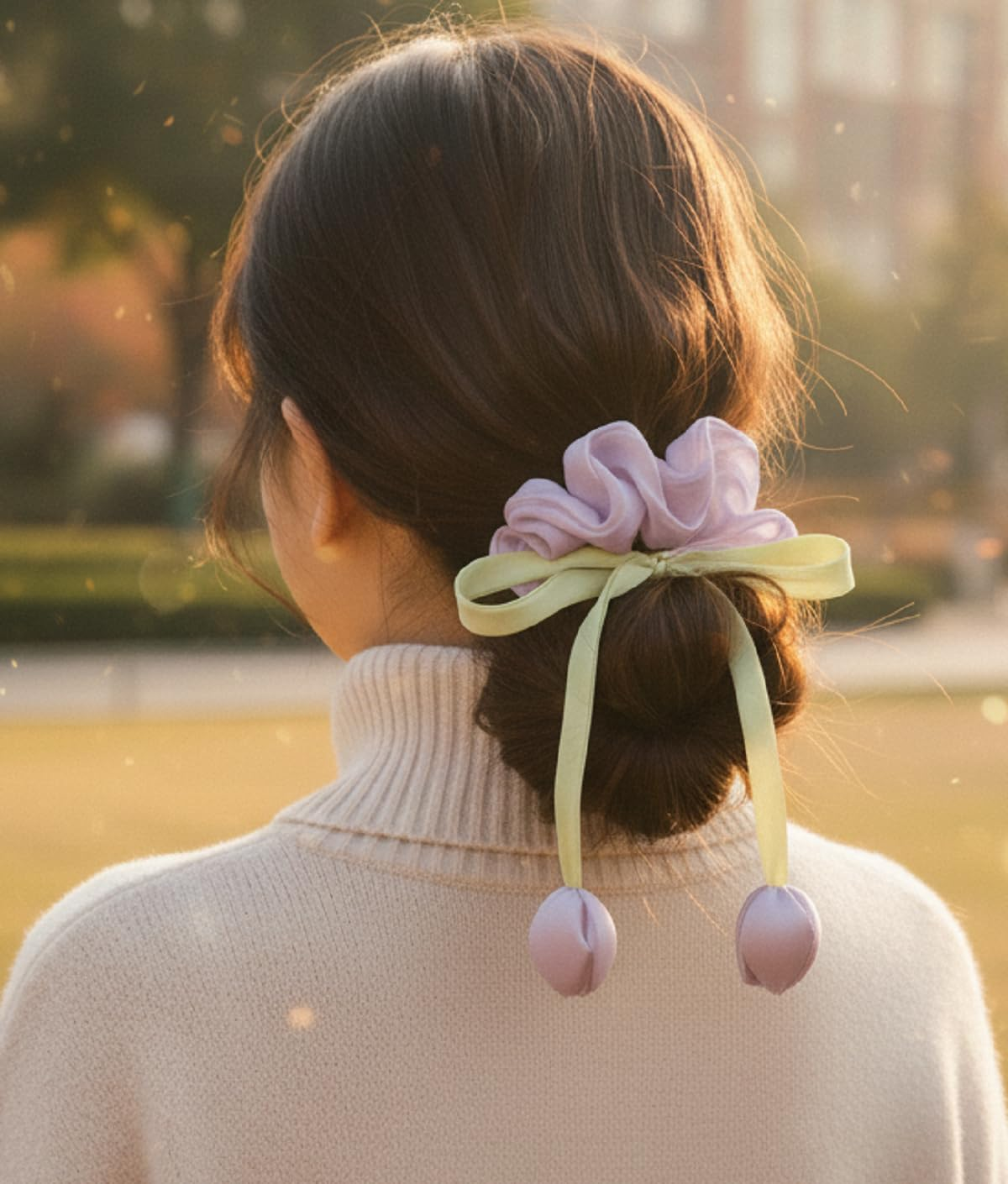 LIVSY Korean Style Sweet Satin Tulip Ribbon Scrunchie &ndash; Silk Scrunchie Hair Tie with Floral Bow & Hanging Buds | Kitsch Beauty Hair Accessories for Women & Girls, Cute Hair Clips & Stylish Hair - Purple - Purple image number 6