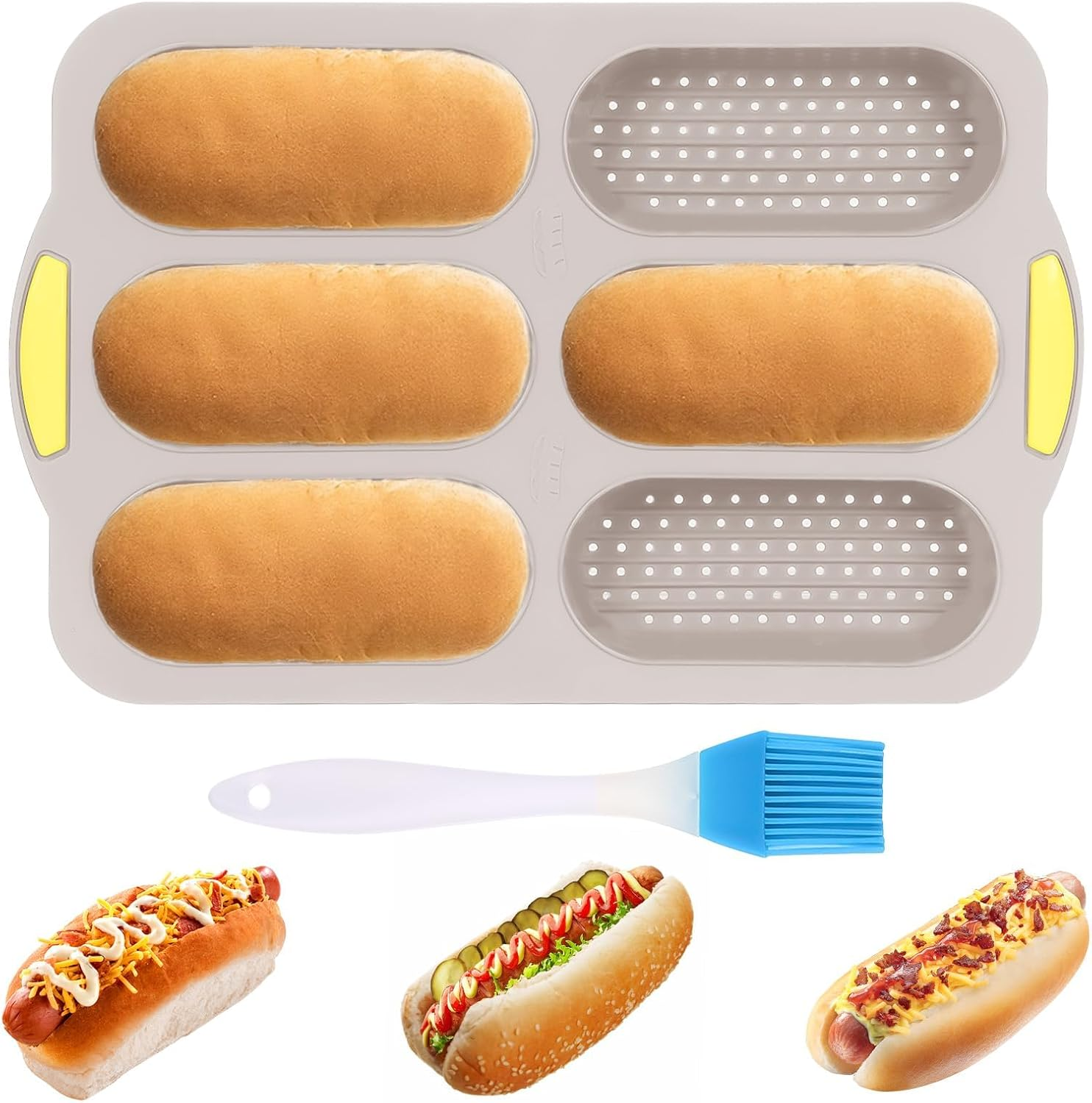 TOWEBOORY Silicone Bread Mold, Hot Dog Baking Molds with 6 Cavities and Oil Brush Non Stick Loaf Baking Pan Tray for Homemade Baking French Baguettes Hot Dog Buns (Gray)