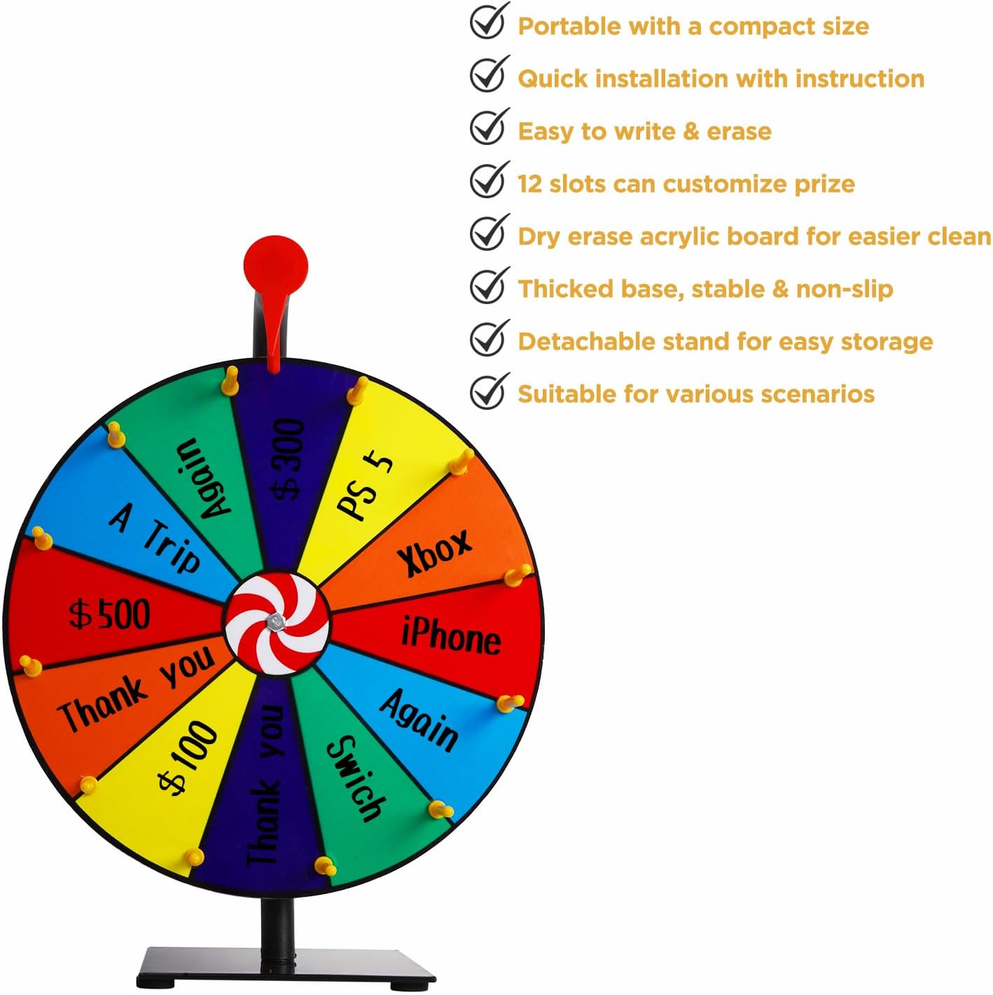 Lehom 12" Tabletop Spinning Prize Wheel, 12 Slots Color Tabletop Roulette Spinner Wheel, Casino Prize Wheels with Dry Erase Markers and Eraser for Carnival Trade Show Party Fortune Spin Game image number 4