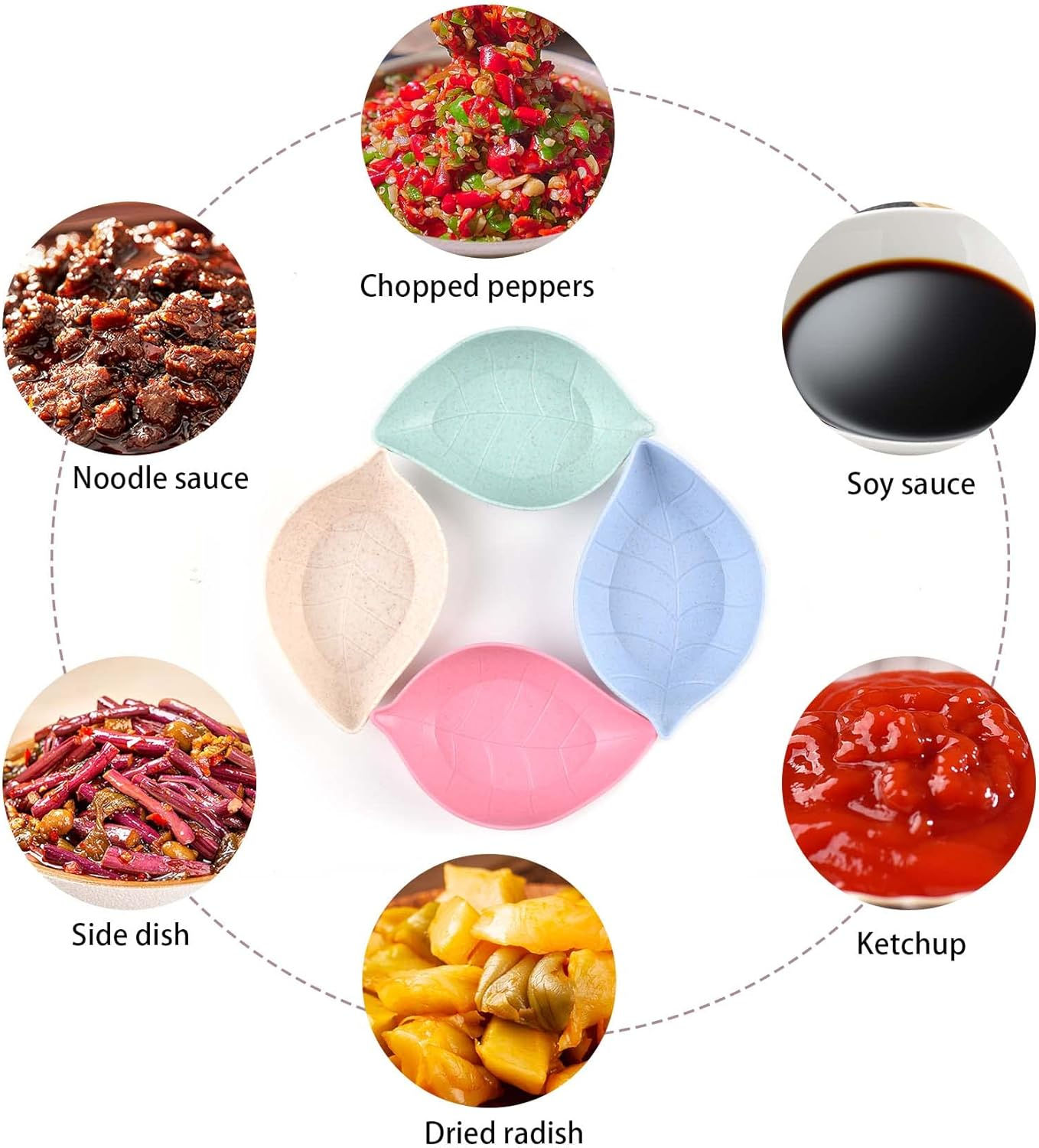 BWLAND Wheat Straw Leaf Shape Sauce Dishes, 4 PCS, Green, Pink, Beige, Blue, Dipping Sauce Bowls for Ketchup, Appetizers, Condiment, Snack, Honey Mustard image number 1