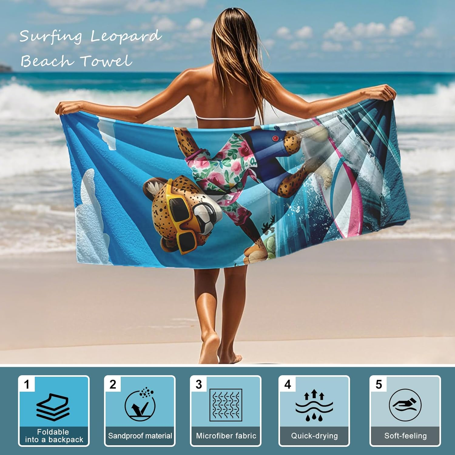 Beach Towel Backpack &ndash; Portable 2-In-1 Sand-Free Beach Towel with Integrated Storage Bag &ndash; Lightweight, Quick-Dry, Printed Towel for Travel, Swimming, Camping & Outdoor Activities (Style 3) - Style 3-Surfing Leopard image number 4