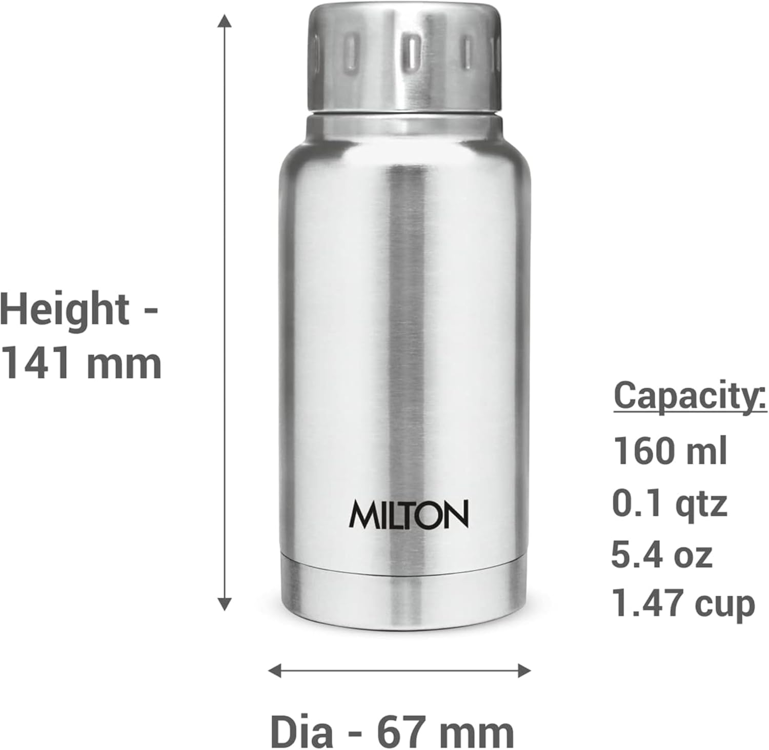 Milton Insulated Small Water Bottle 5.4 Oz (160 Ml) Stainless Steel Double Walled Vacuum Flask Hot and Cold Drinks, Leak-Proof Simple Screw Lid, Office, Gym, Elfin 160 Silver